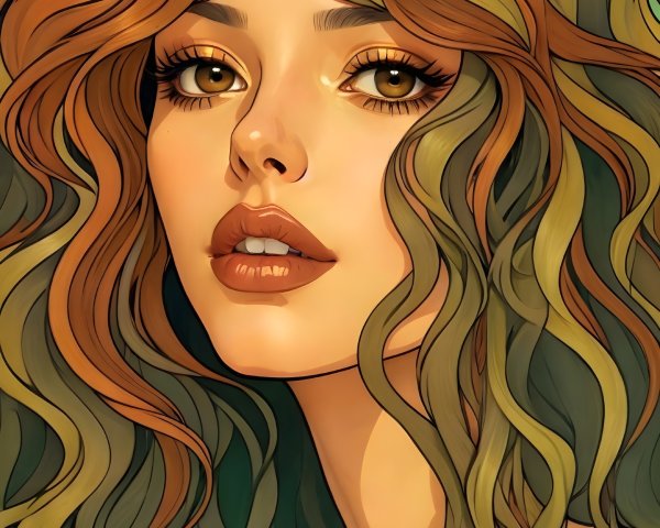 Stylized portrait of a young woman with wavy hair