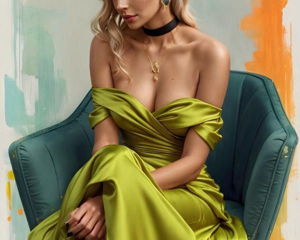 Elegant woman in lime green gown in teal armchair