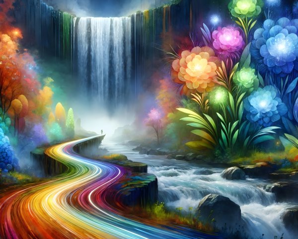 Vibrant Fantasy Landscape with Waterfall and Rainbow Pathway