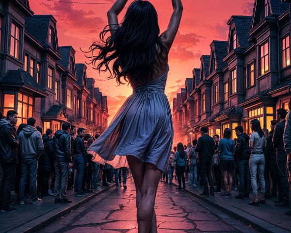 Dancer in Grey Dress Poses on Cobblestone Street