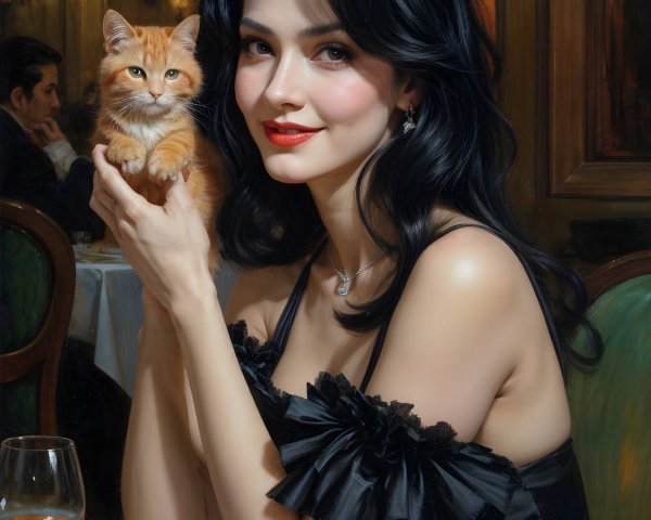 Woman in black dress with kitten in cozy restaurant