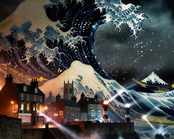 Dramatic Oil Painting of Tsunami Over Coastal Town