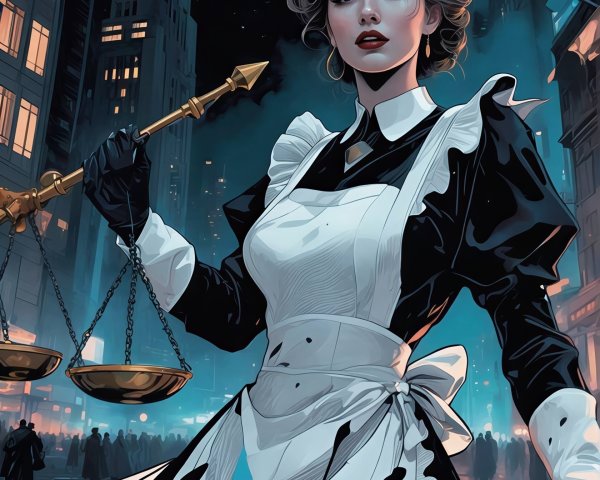 Anime Illustration of Maid with Golden Scale at Night