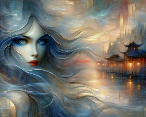 Mystical Woman with Blue Hair in Ethereal Setting