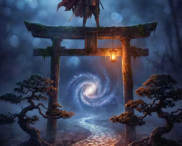 Samurai Warrior on Torii Gate with Galaxy Background