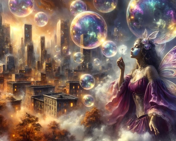 Surreal Urban Landscape with Whimsical Fairy and Bubbles