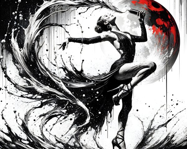 Monochromatic Artwork of Dancer with Dramatic Moon