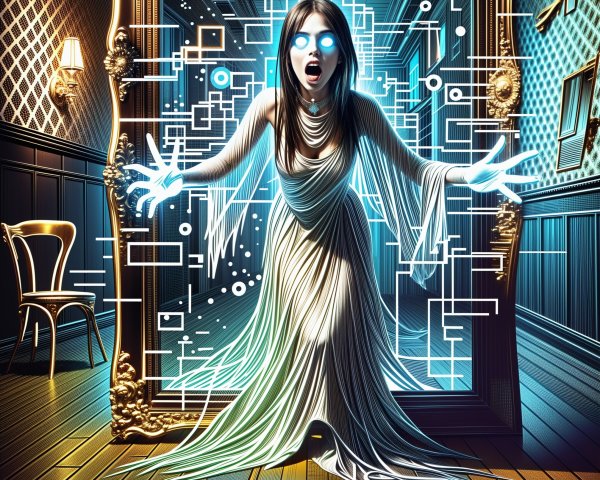 Ghostly Figure in Glowing Mirror within Ornate Room