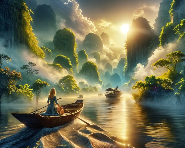 Tranquil River Scene with Misty Mountains and Sunrise