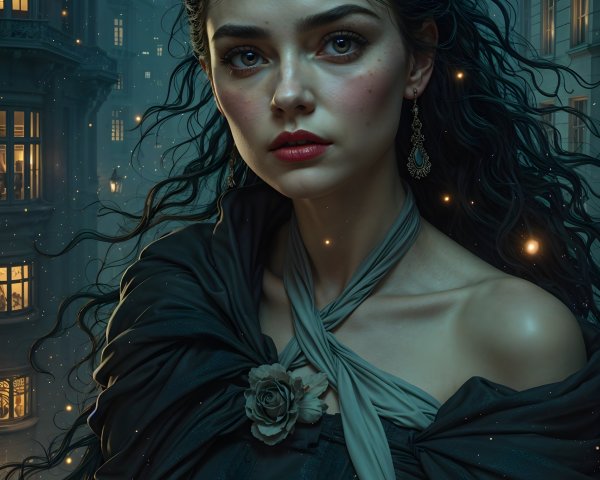 Mysterious Woman in Foggy Cityscape with Cloak