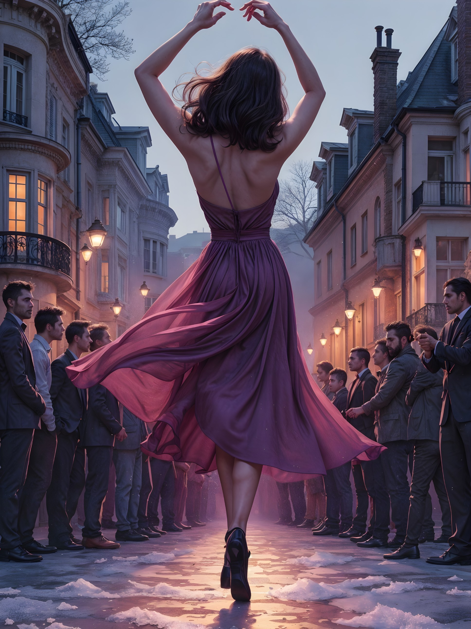 Twilight Scene of Woman in Maroon Dress on Cobblestones