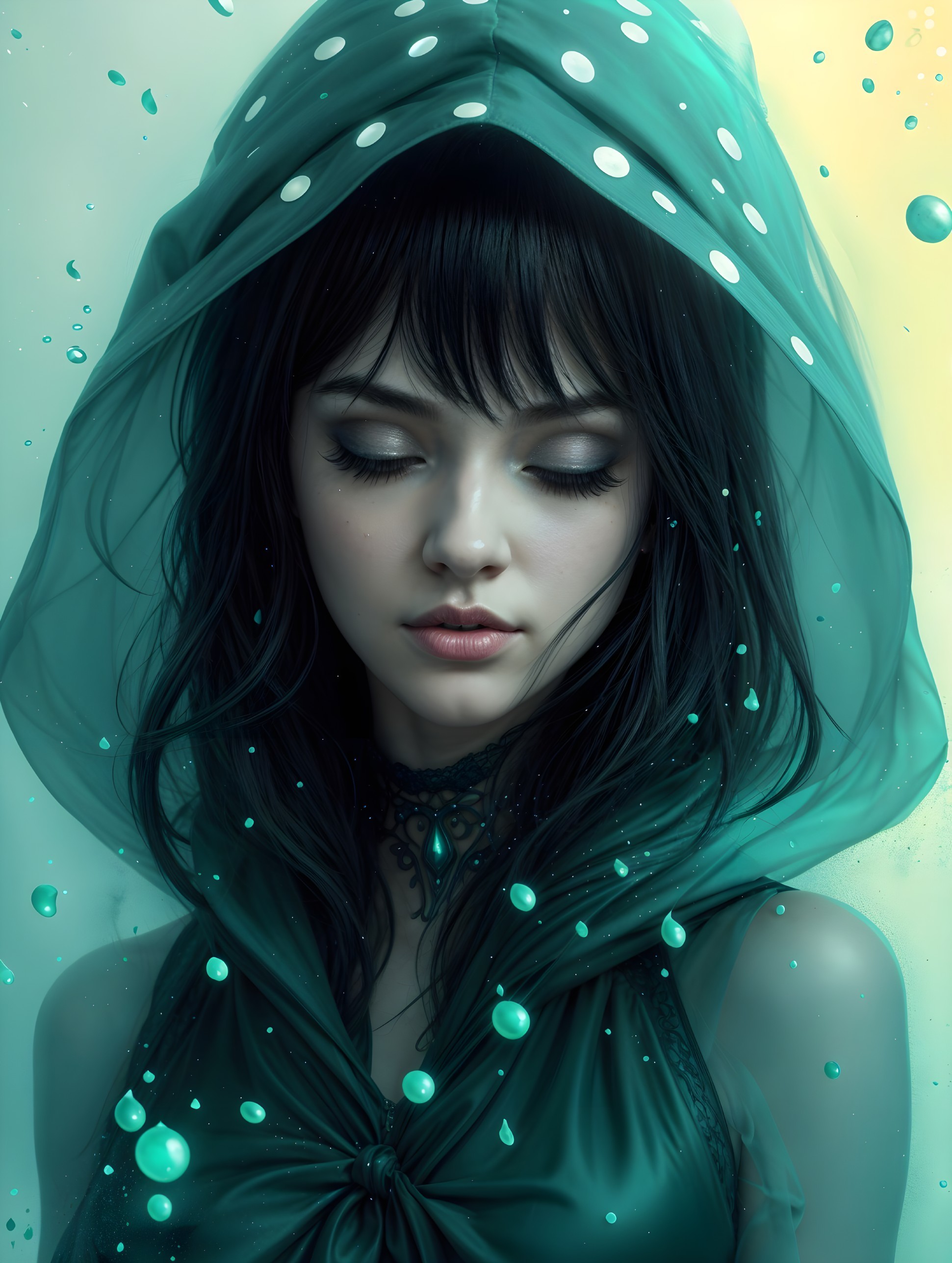 Young woman in translucent teal hood with serene vibe