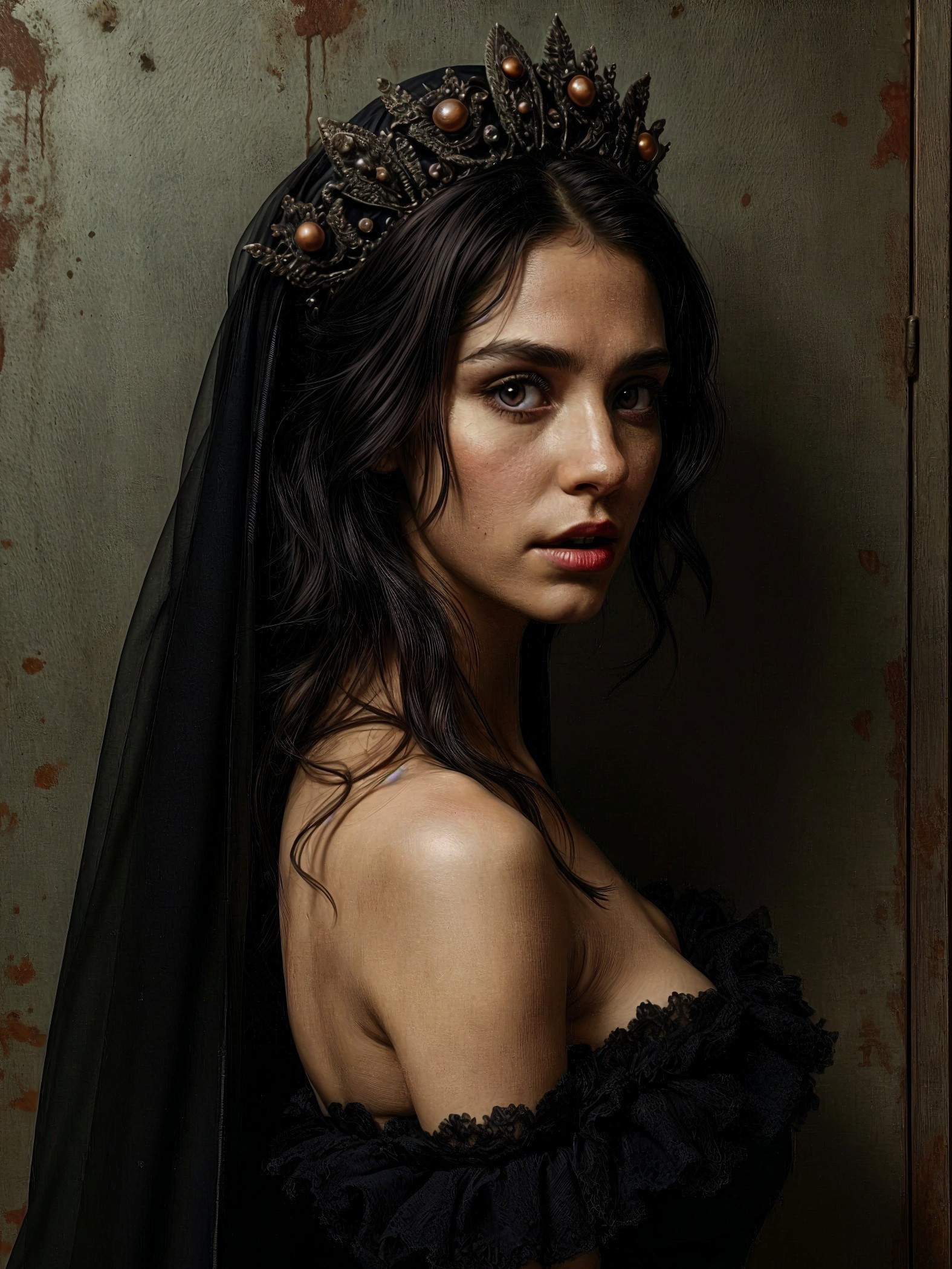 Portrait of a Young Woman in Elegant Attire and Veil