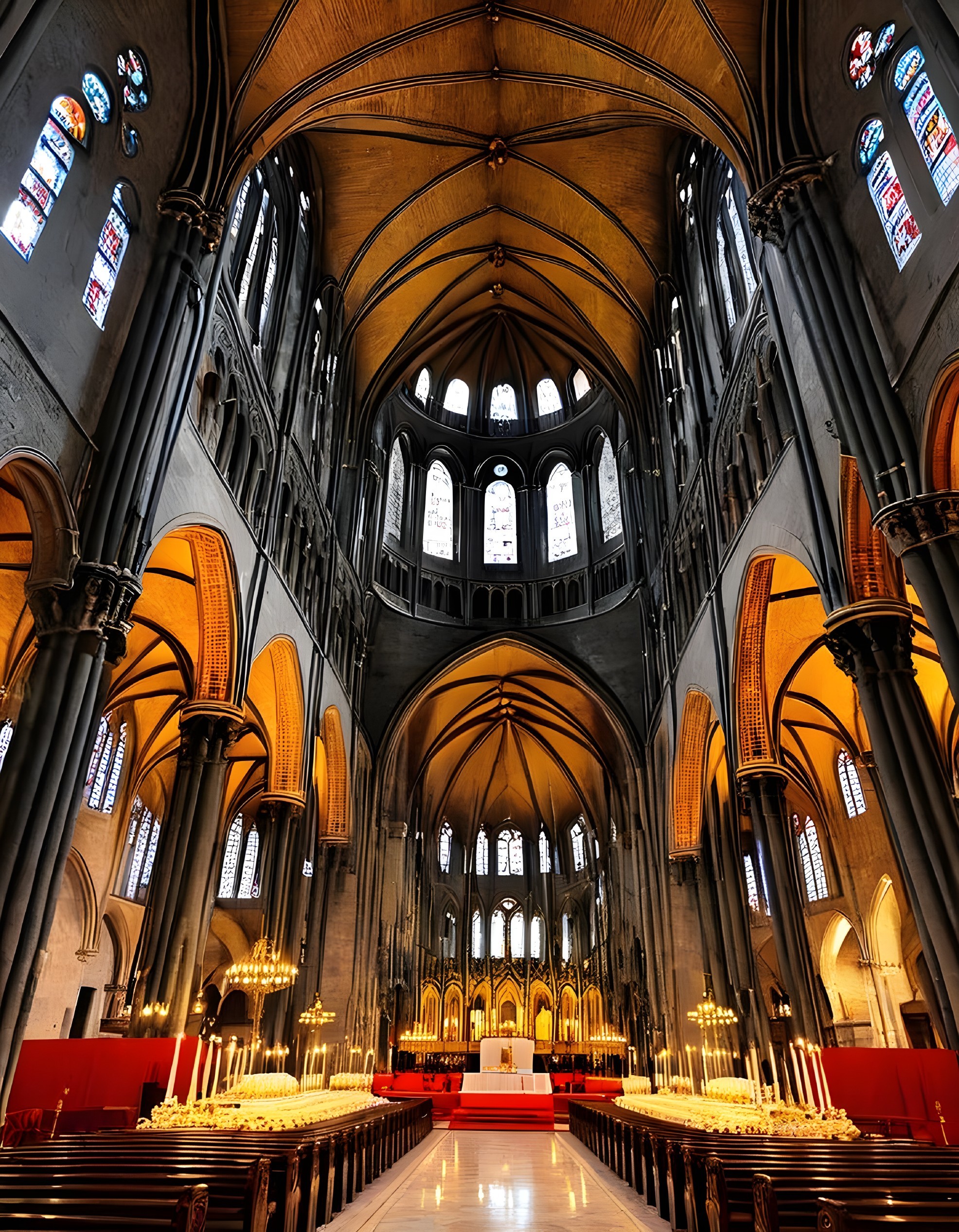 Gothic Cathedral Interior with Arches and Stained Glass