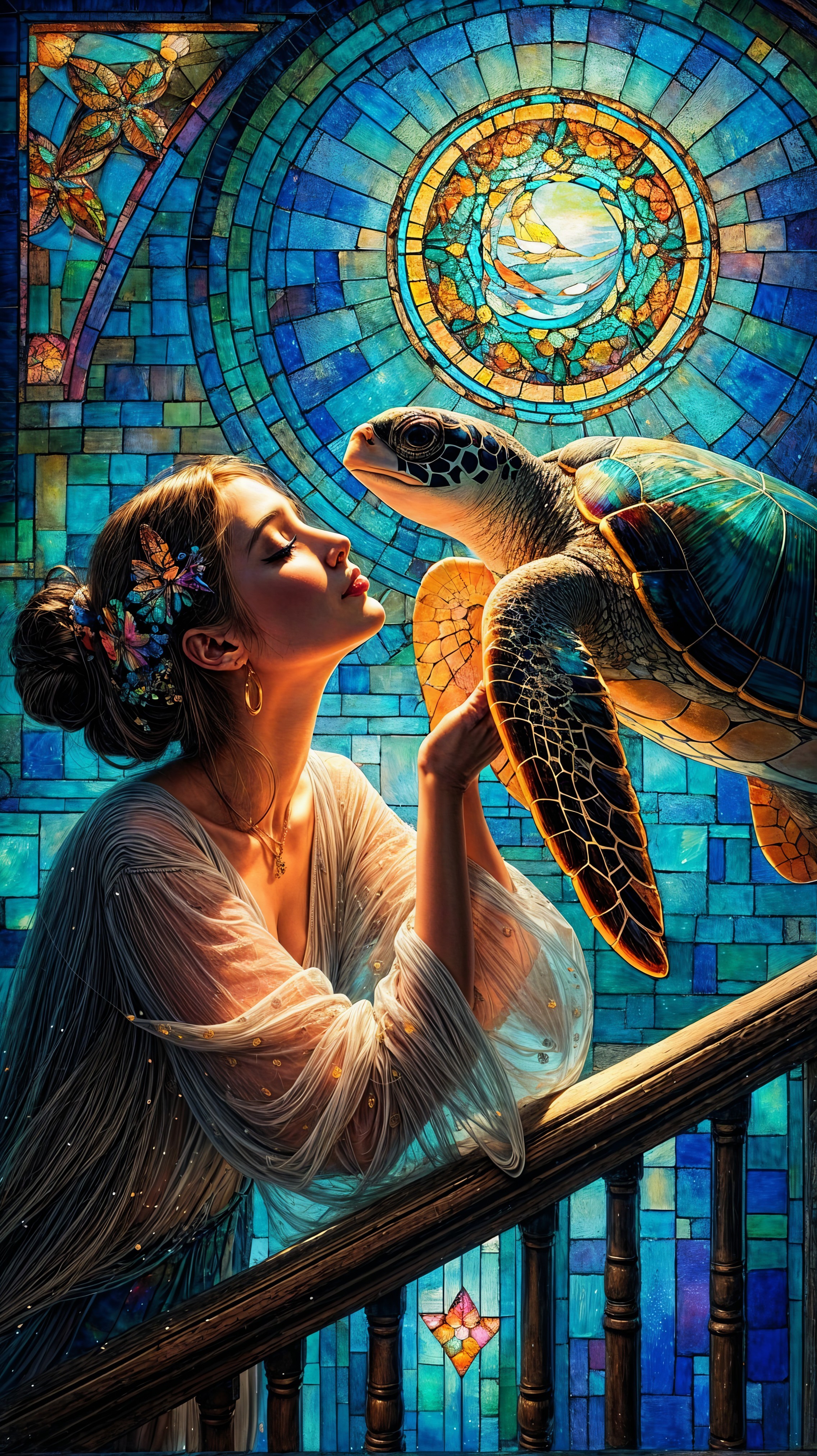 Woman with Flowers and Turtle in Stained Glass Scene