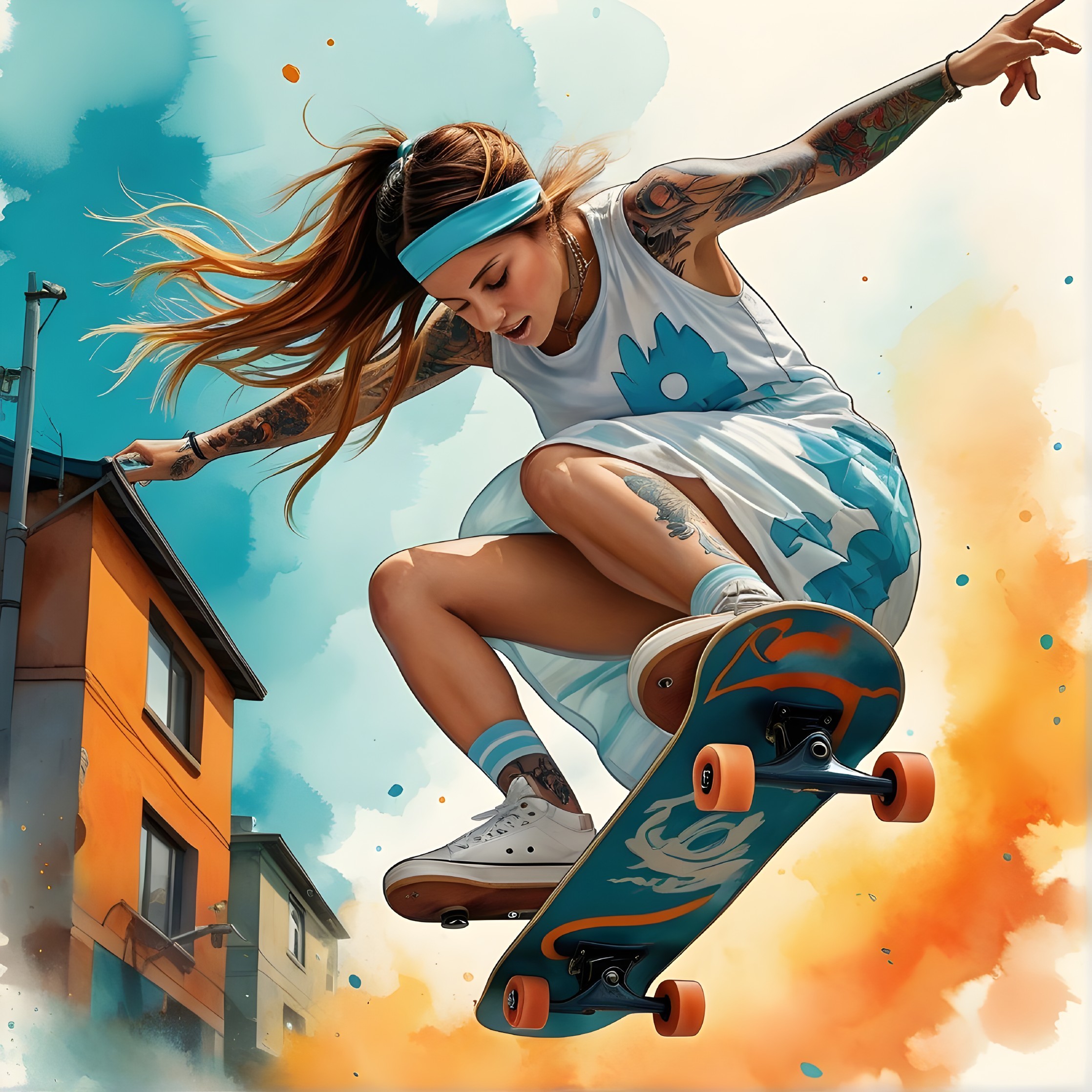Young Woman Skateboarding Trick in Urban Setting