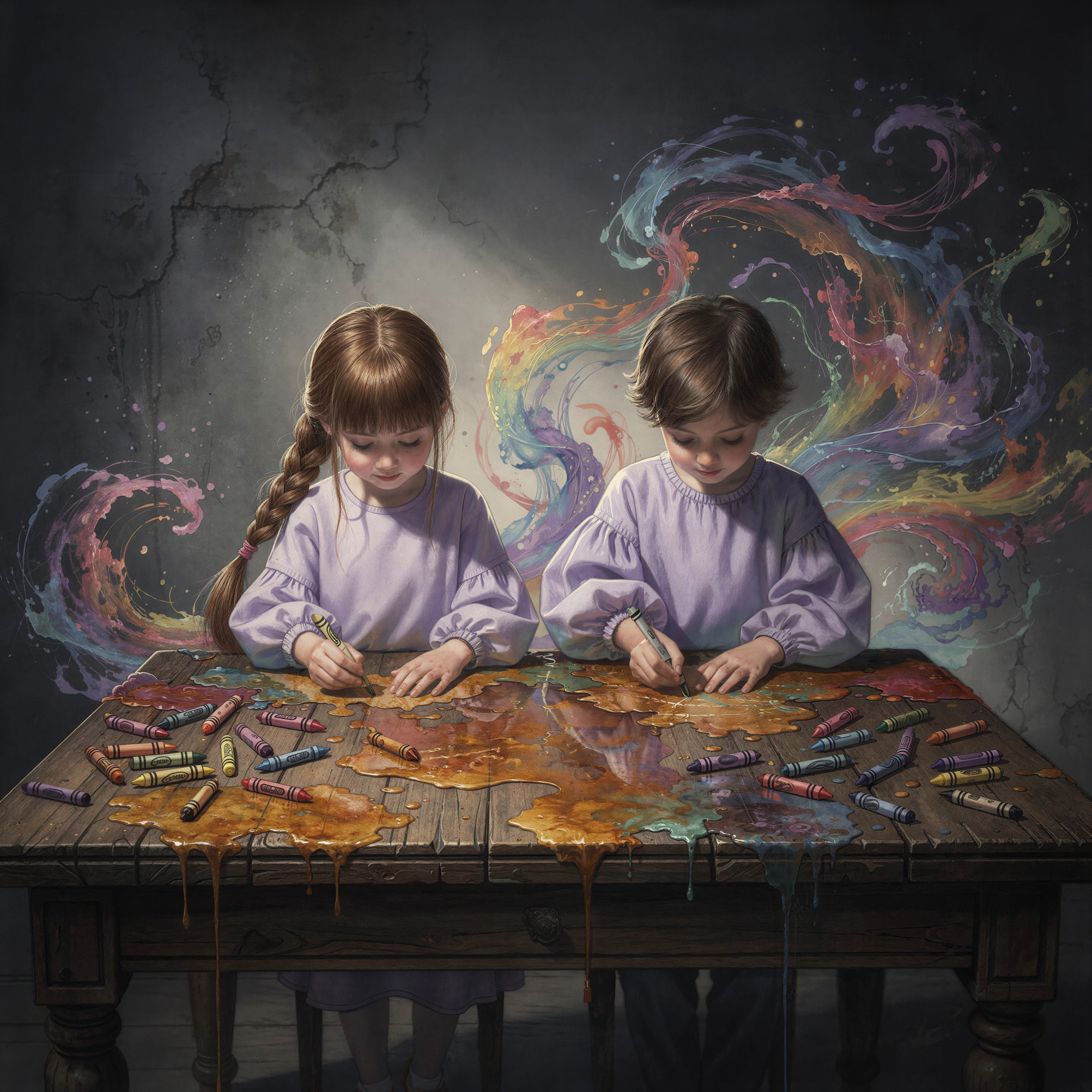 Children Drawing with Crayons on Rustic Wooden Table