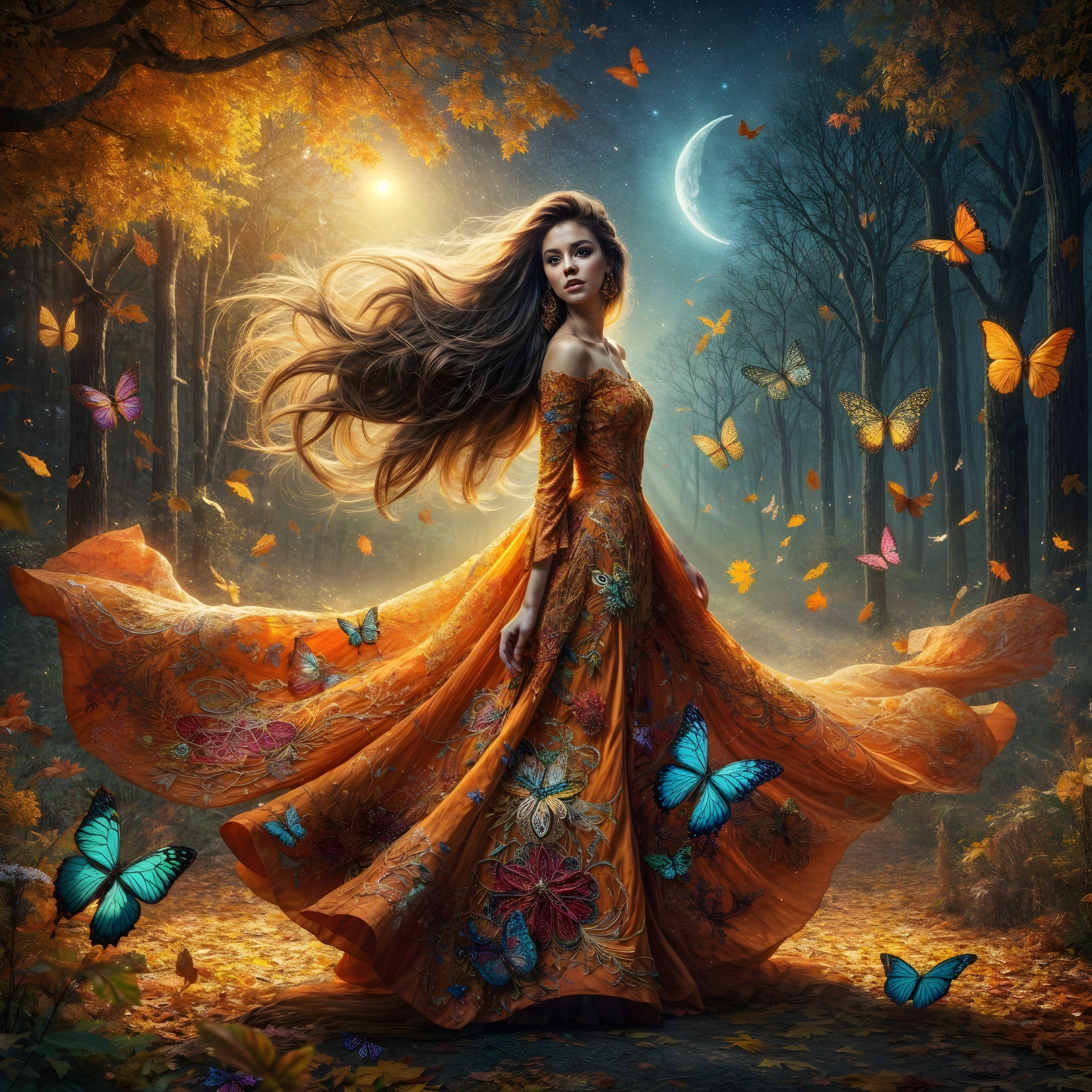 Mystical Forest Scene with Dancing Woman at Twilight