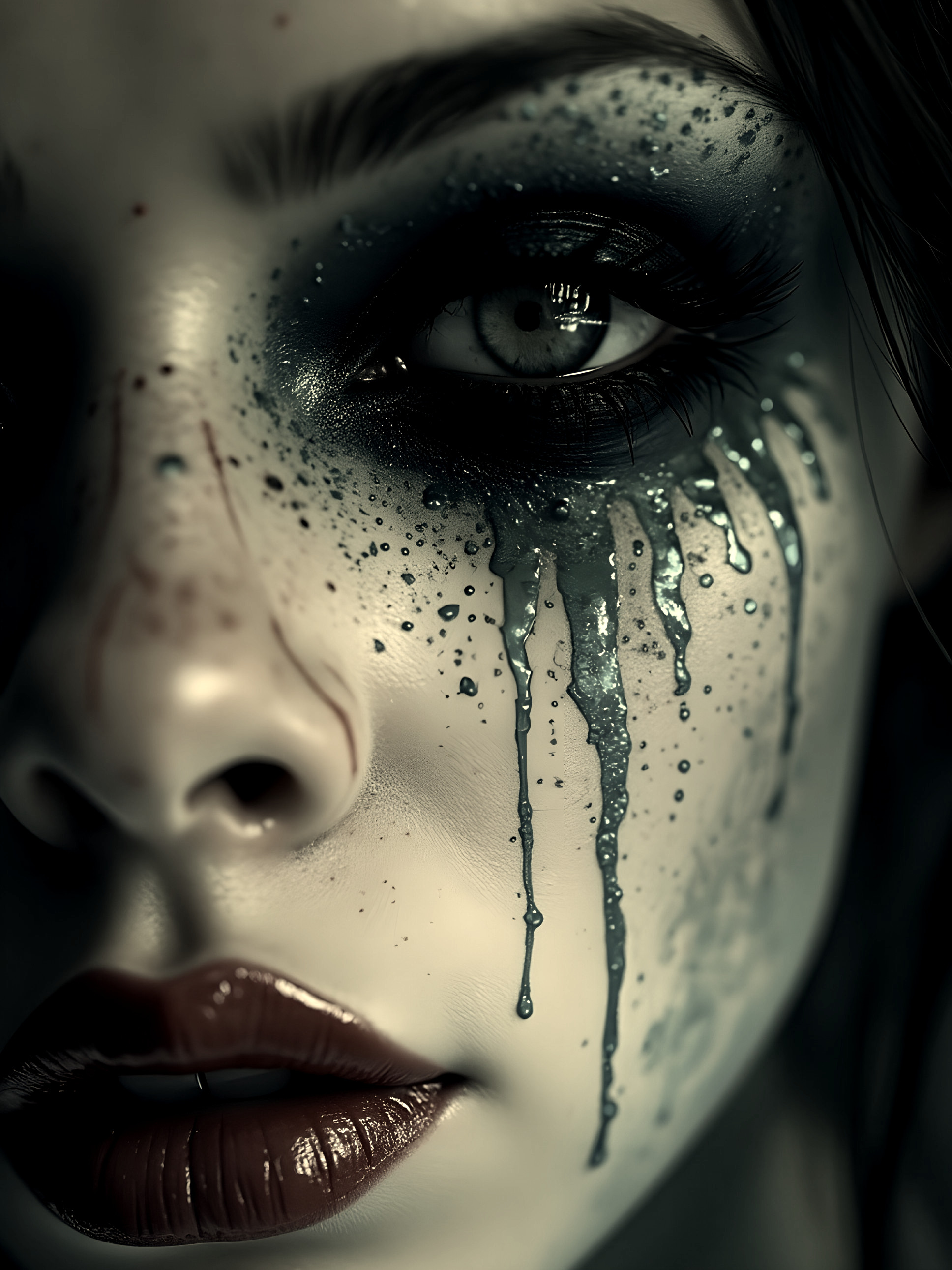 Close-up of a face with dramatic dark makeup