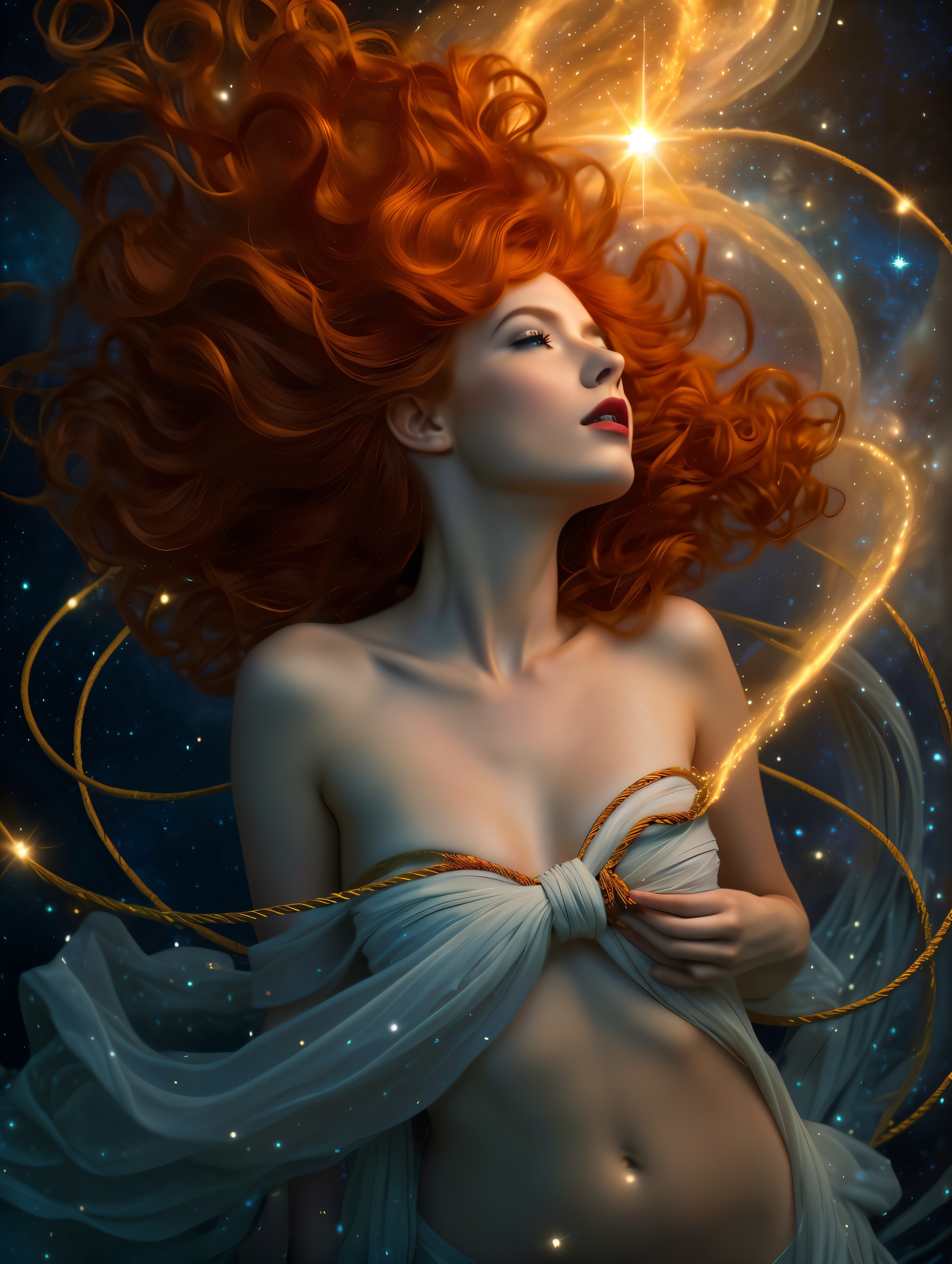 Celestial Scene with Woman and Starry Patterns