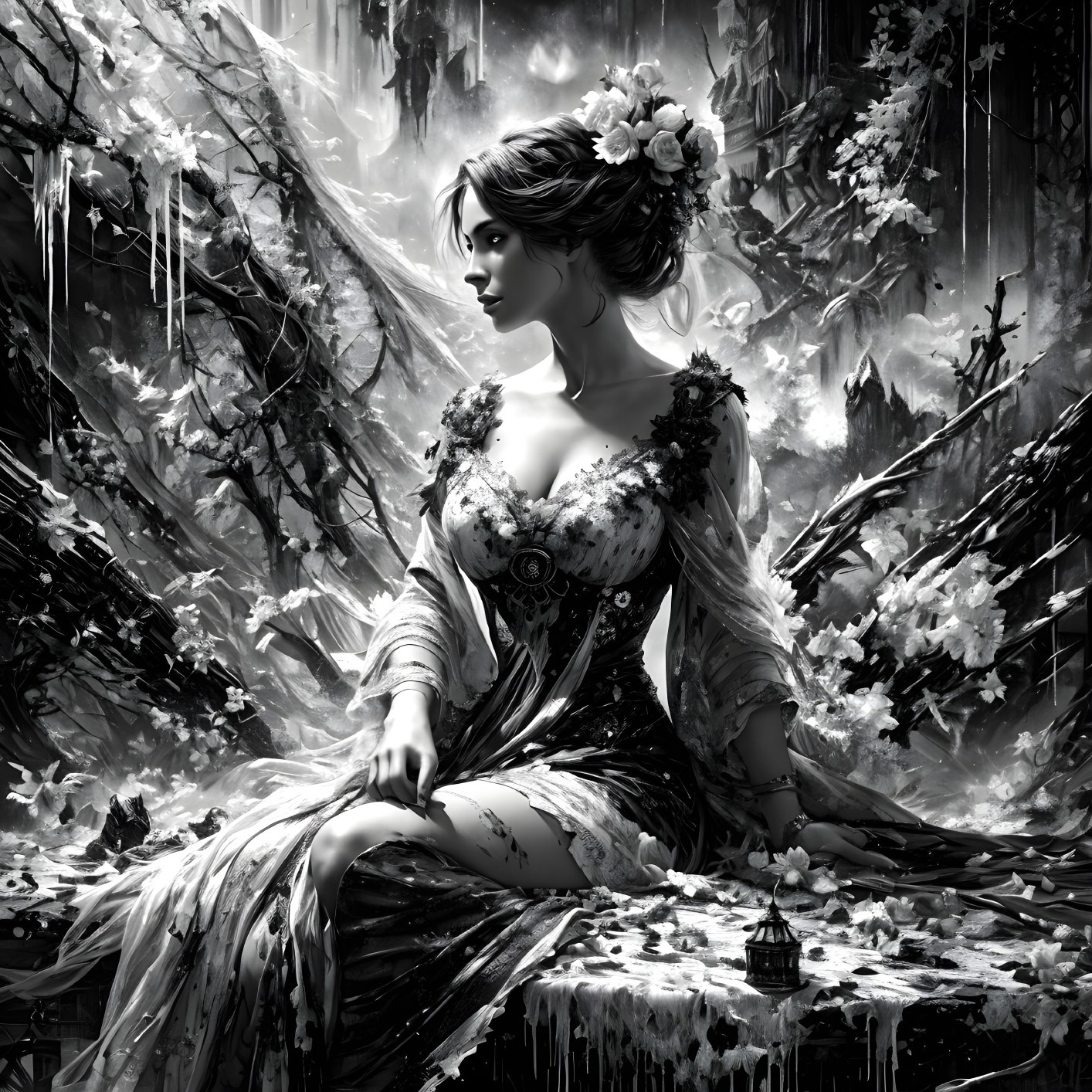 Black-and-white illustration of a serene woman in nature
