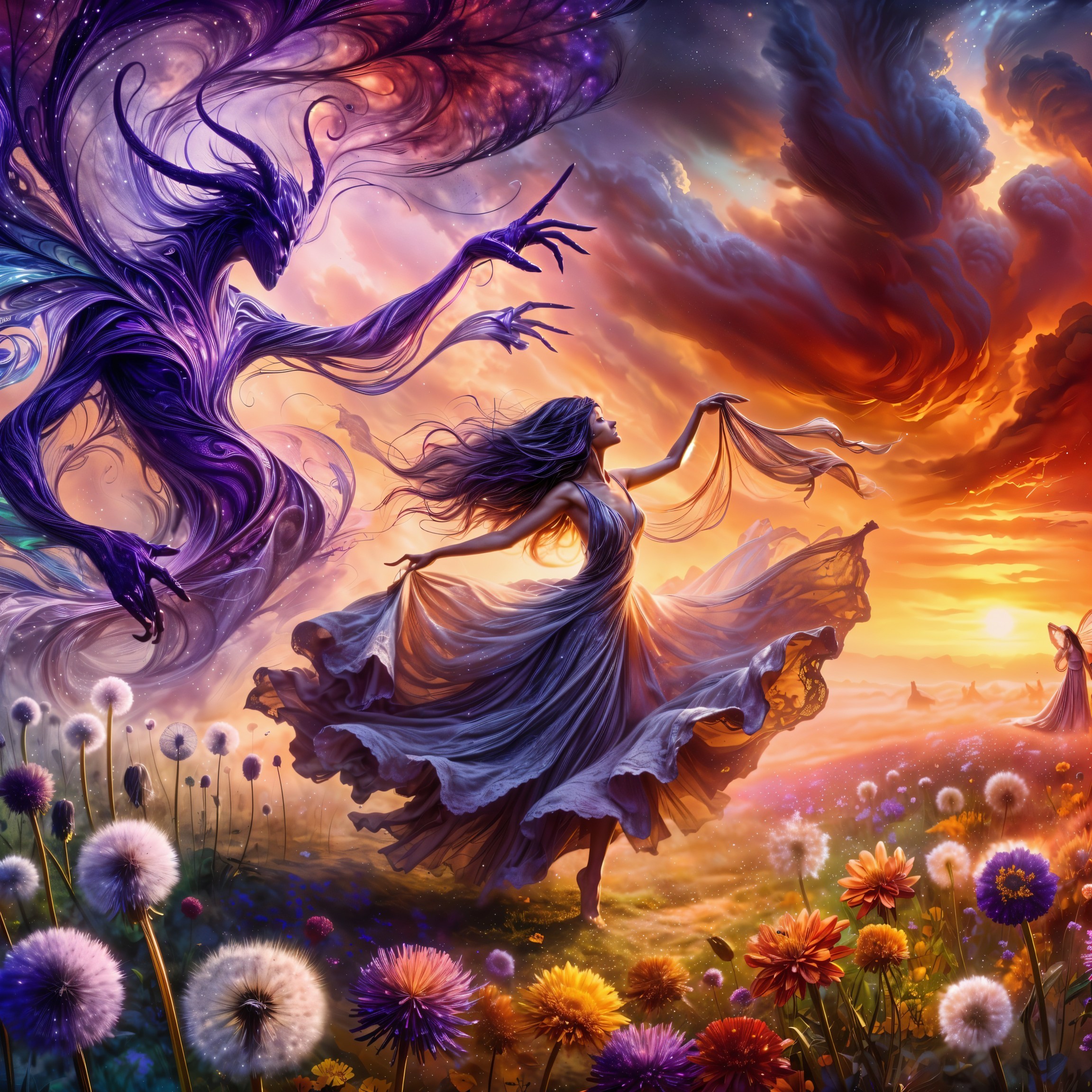 Magical Landscape with Dancing Figure and Ethereal Beings