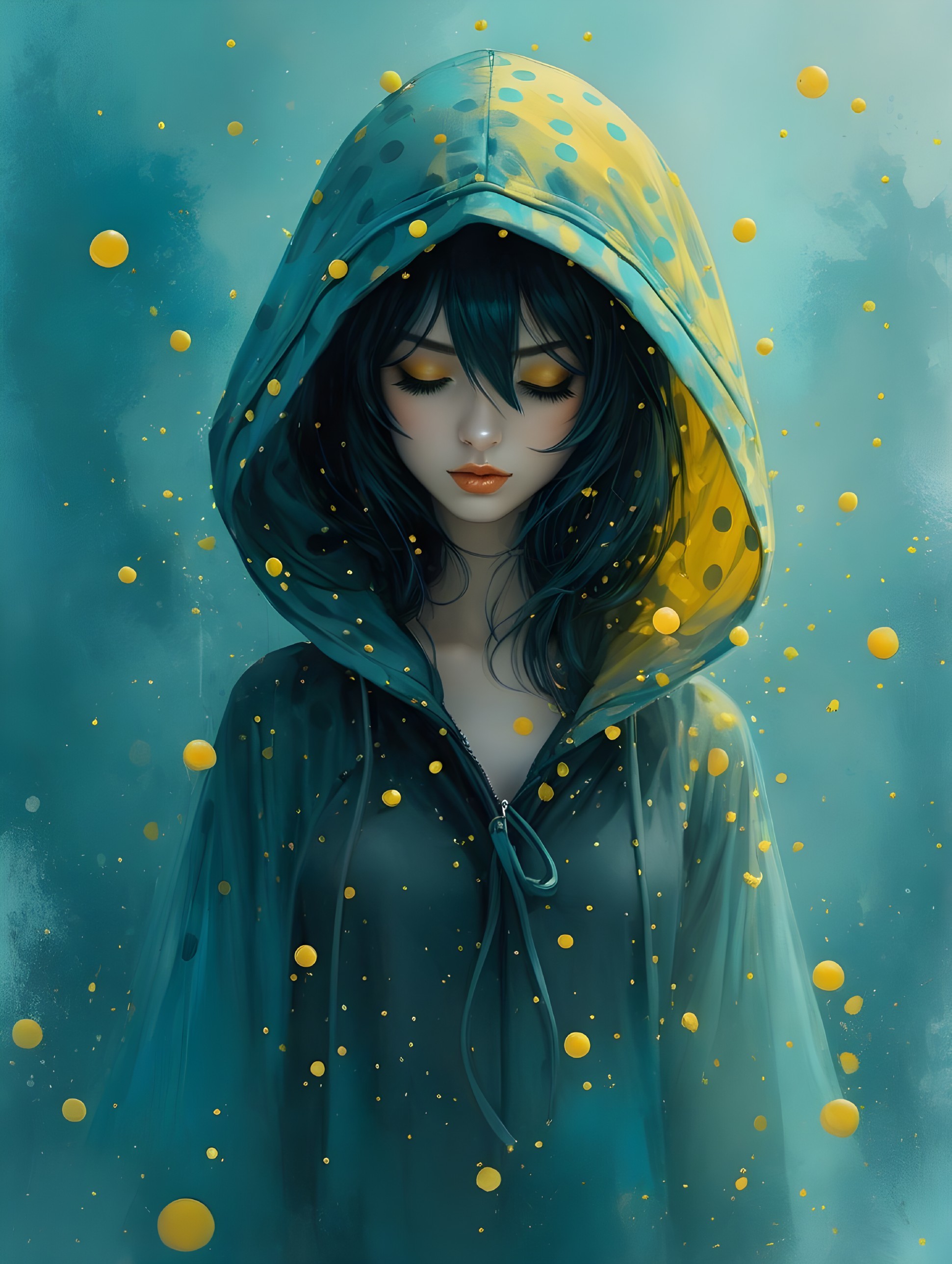 Serene figure in polka-dotted hoodie with dreamy background