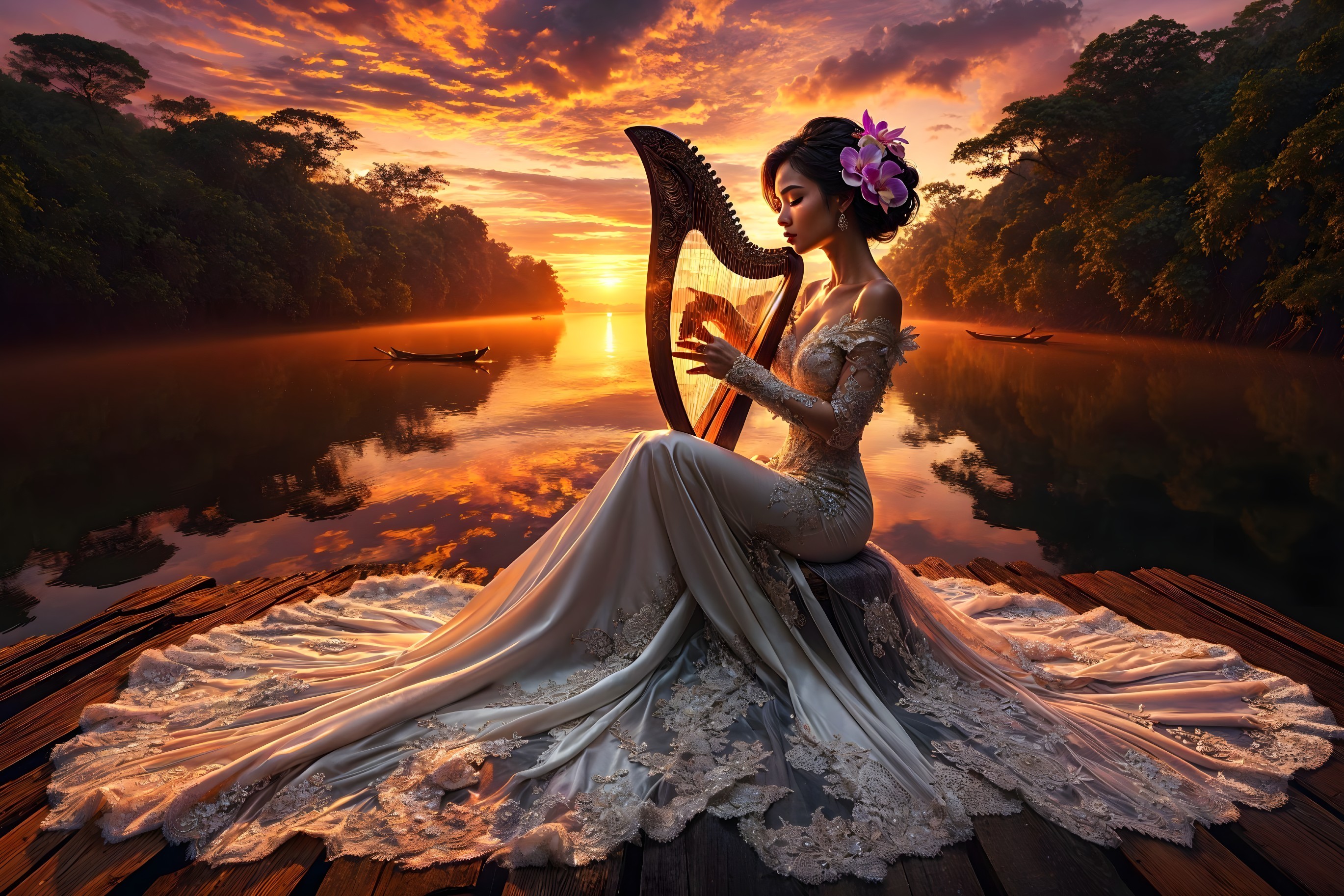 Serene Sunset Scene with Woman Playing Harp