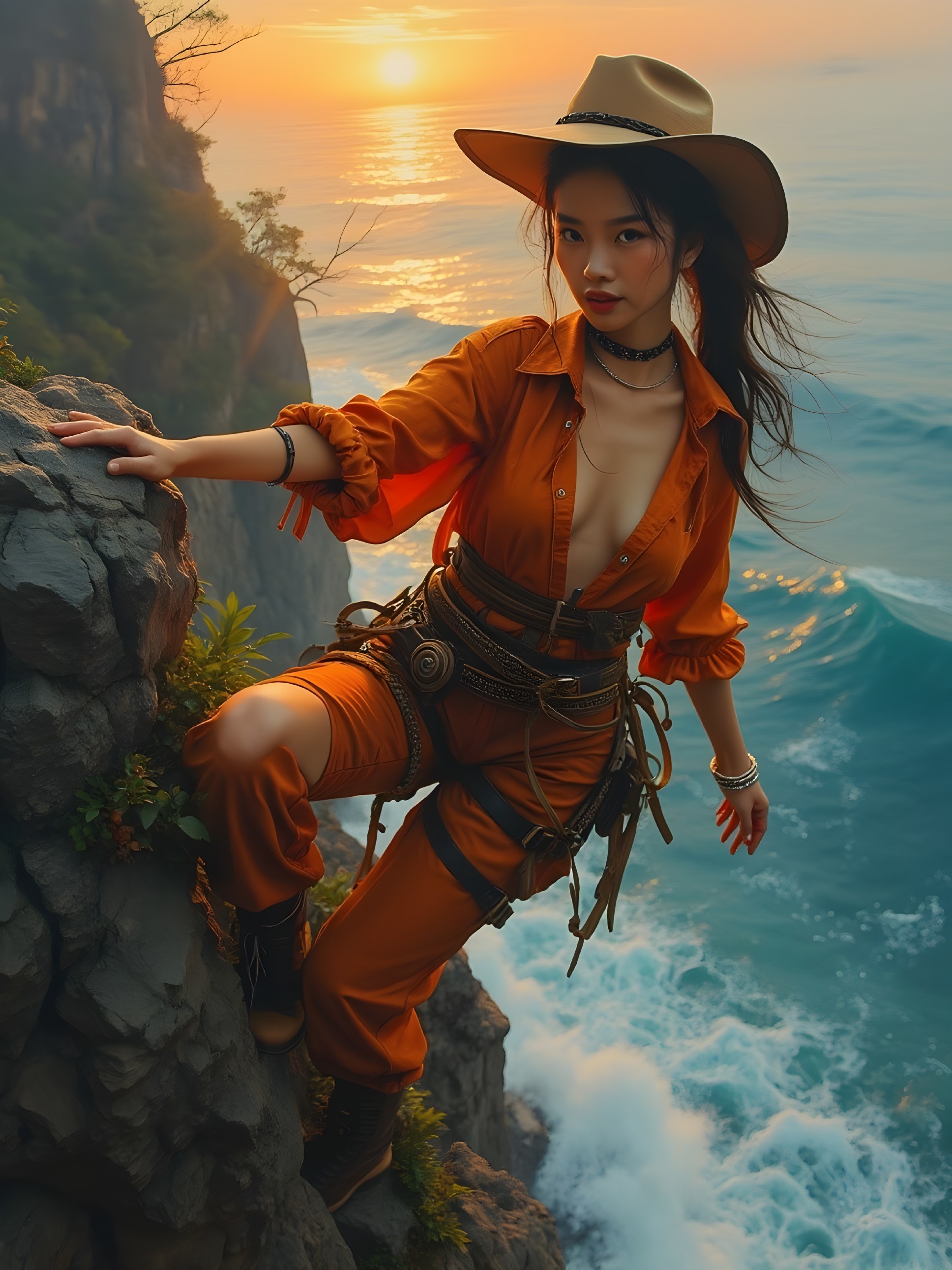 Woman in Orange Jumpsuit Climbs Cliff at Sunset