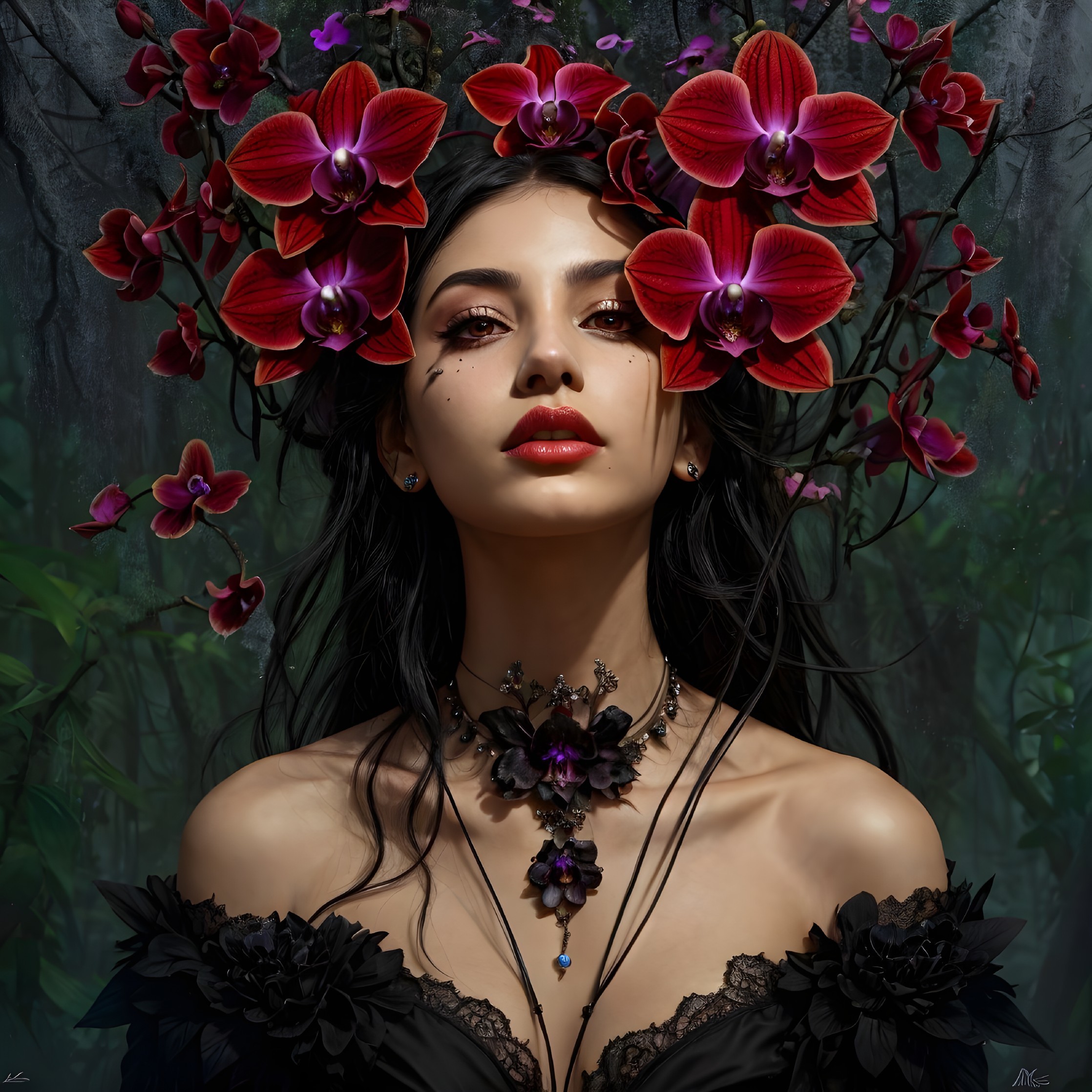 Portrait of a woman with red orchids and dark foliage