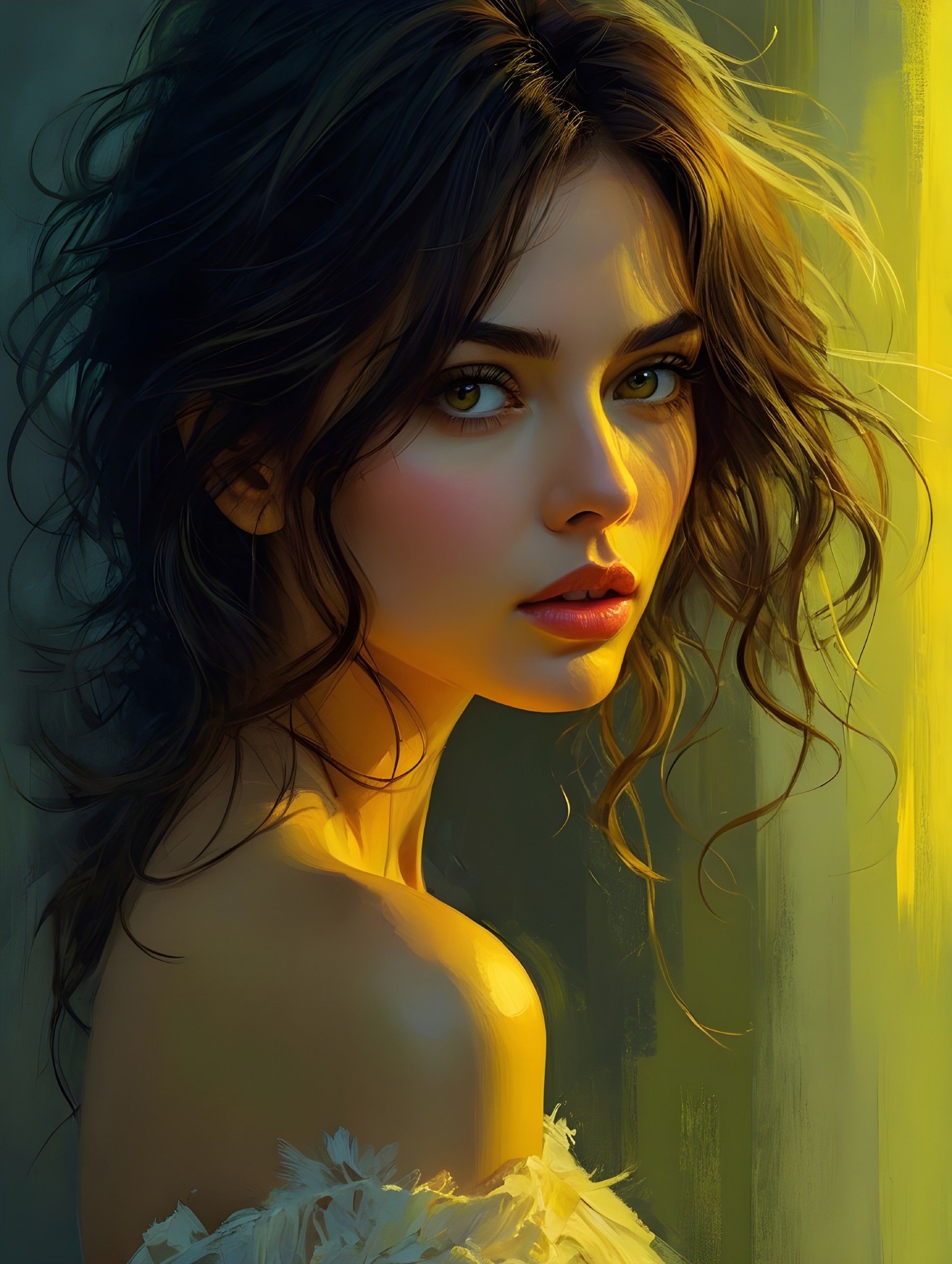 Young woman with striking green eyes in warm light