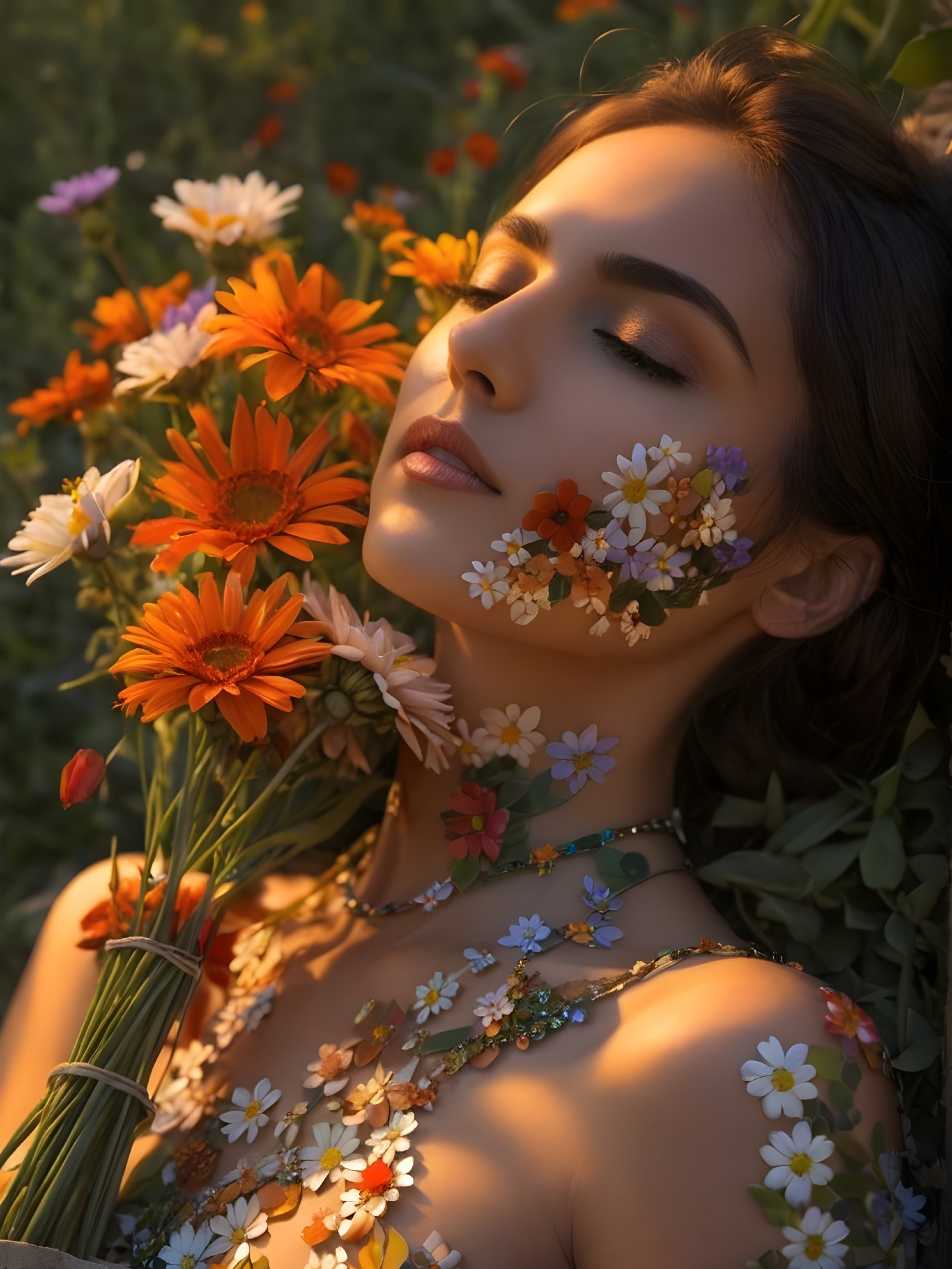 Young Woman Surrounded by Flowers in Serene Setting