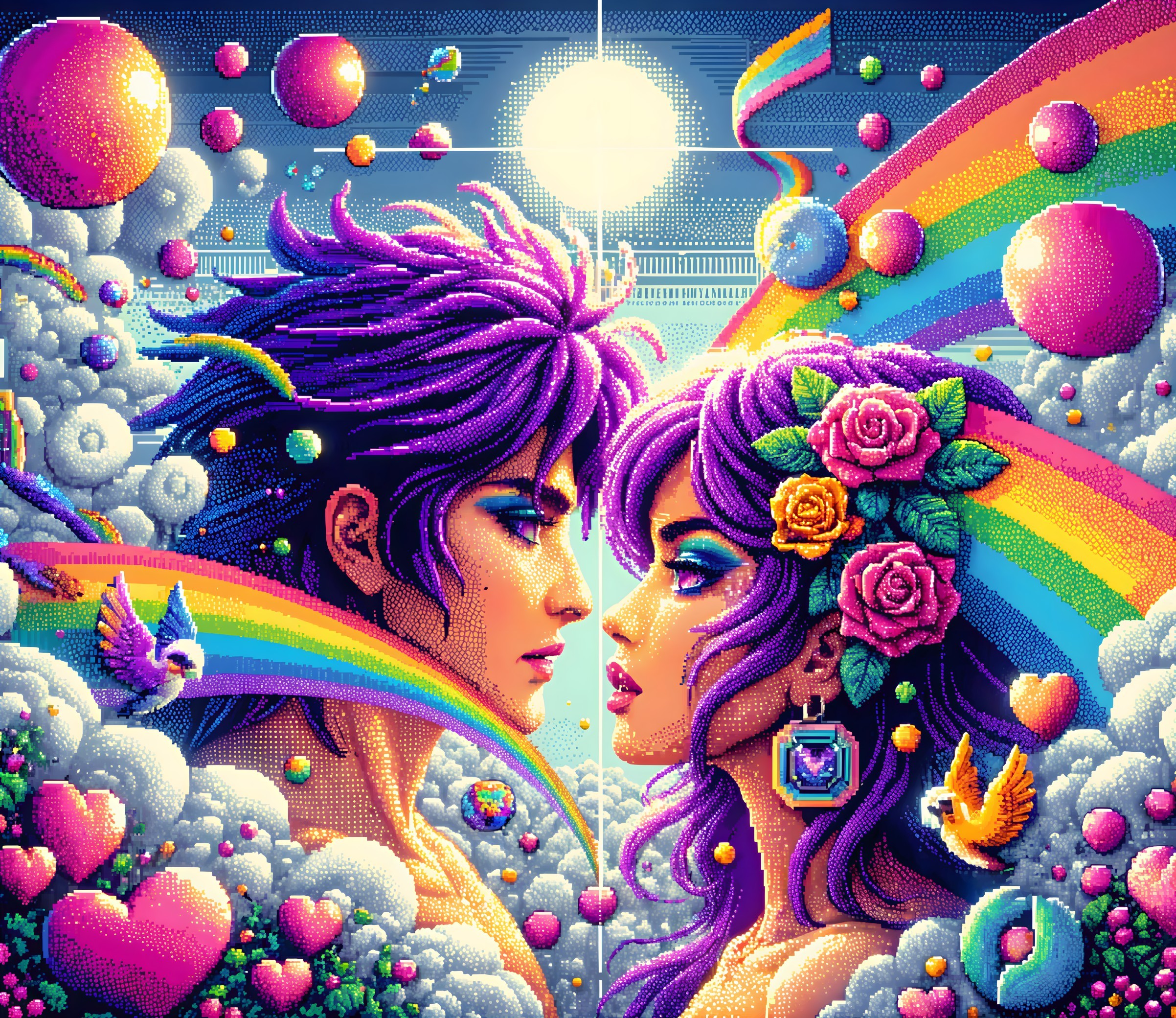 Vibrant Pixel Art Scene with Colorful Faces and Clouds