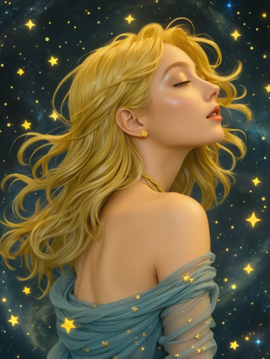Woman with Golden Hair in Cosmic Starry Scene