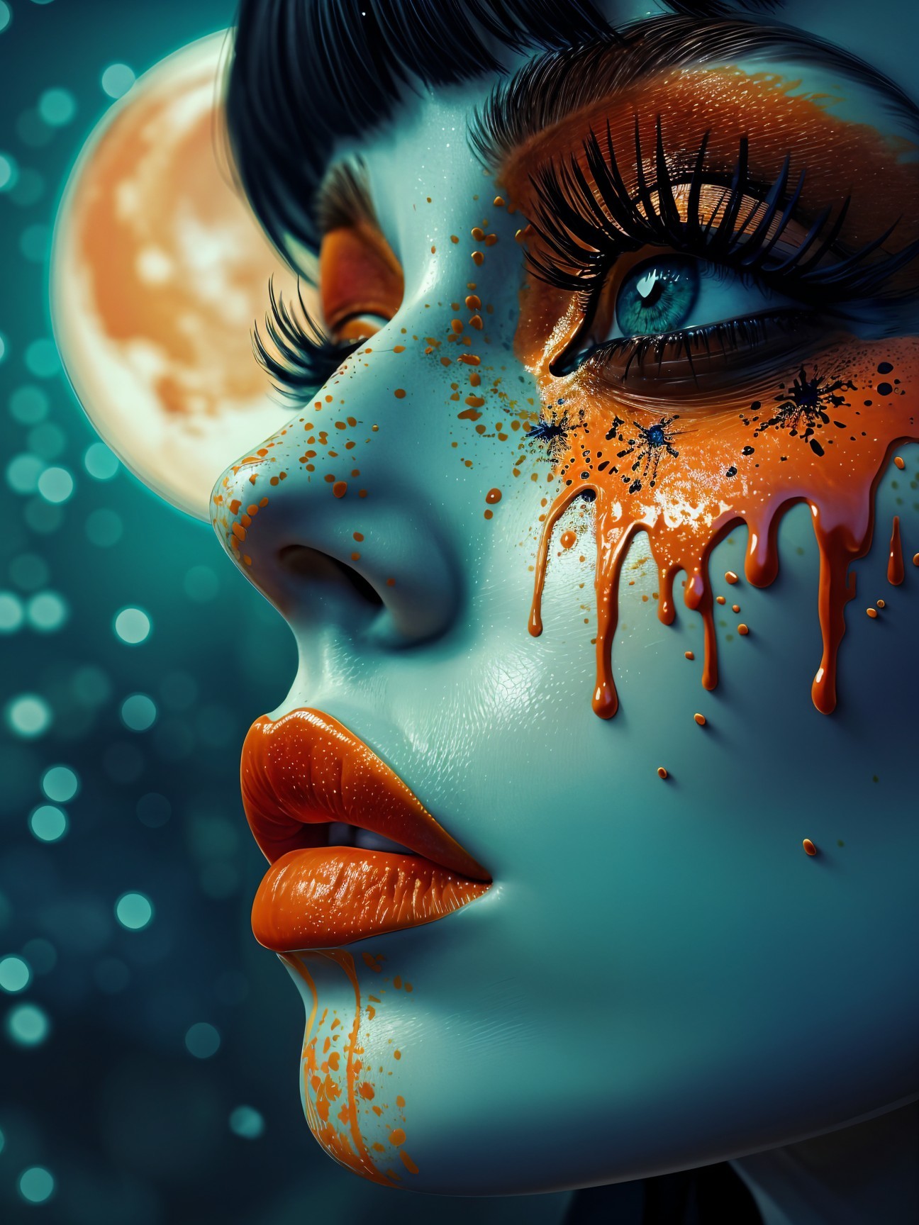 Close-Up Portrait of a Woman with Blue Skin and Orange Accents