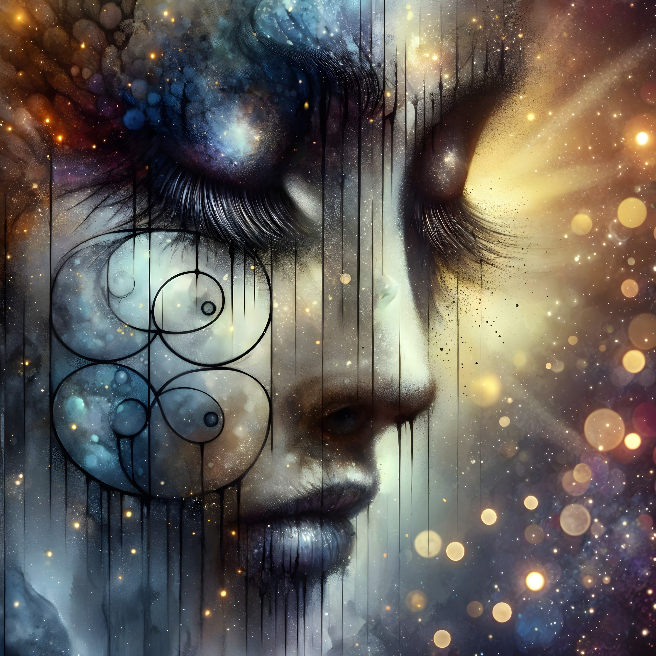 Ethereal Face Against Cosmic Background with Patterns