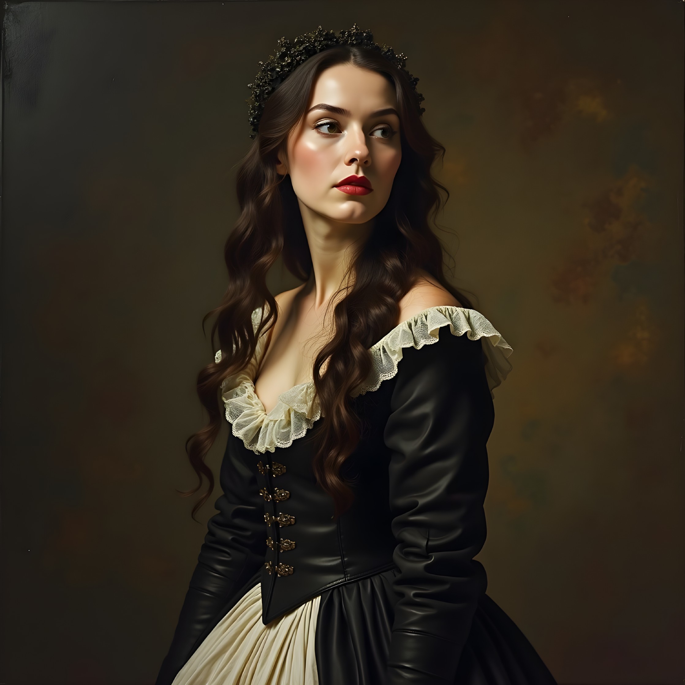 Woman in Black Gown with Floral Crown and Elegant Pose