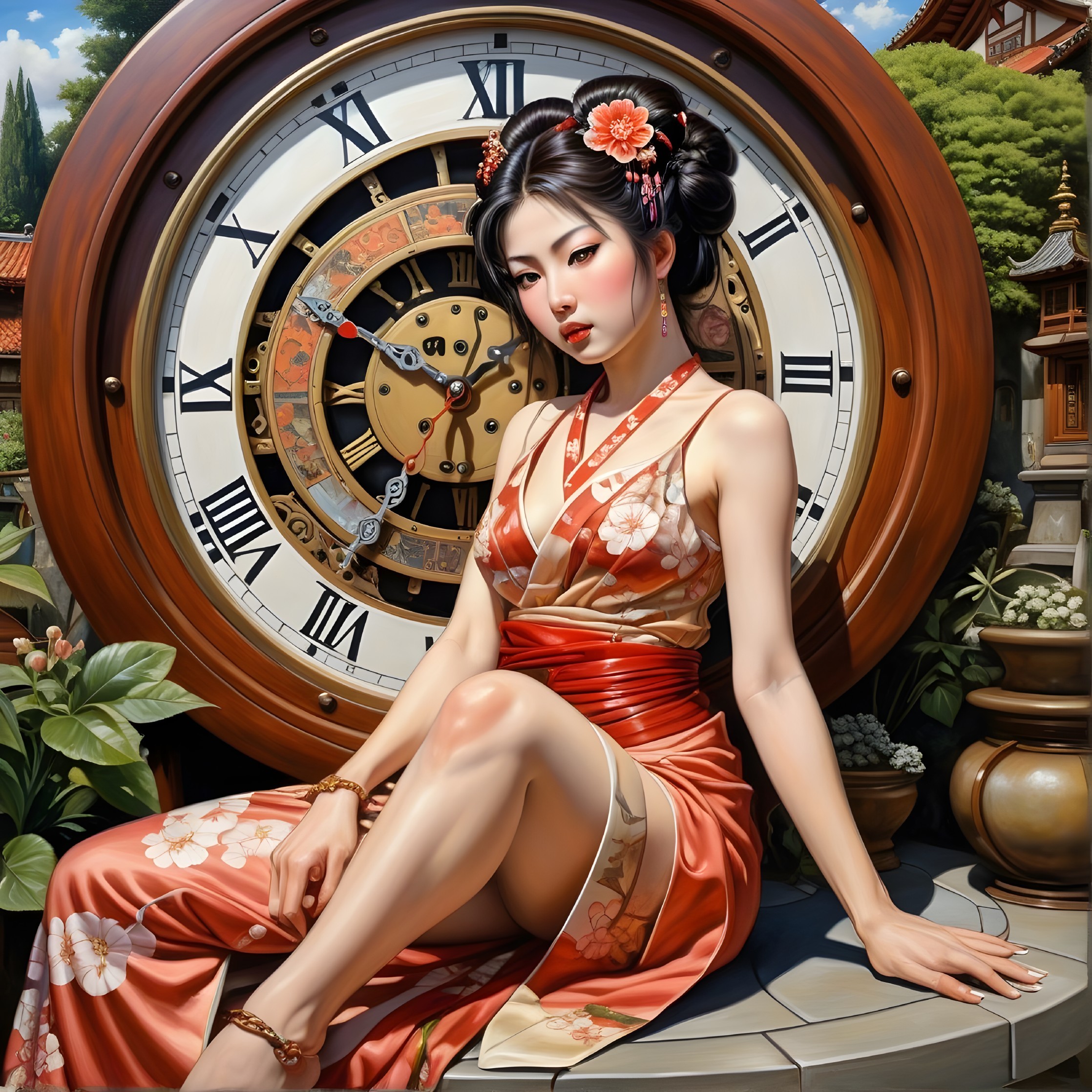 Traditional Kimono with Floral Patterns and Clock Setting