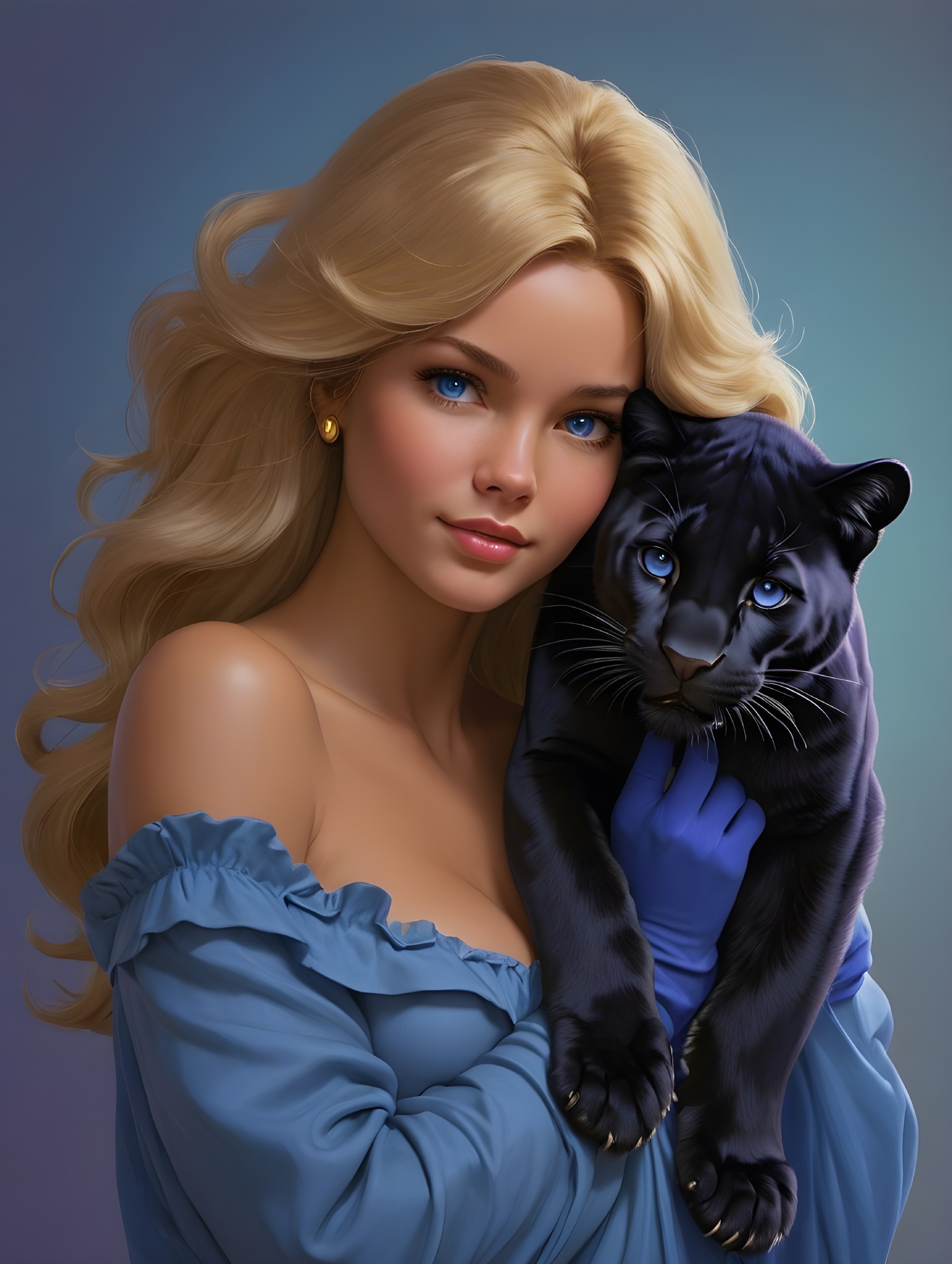 Young Woman with Black Panther in Elegant Setting