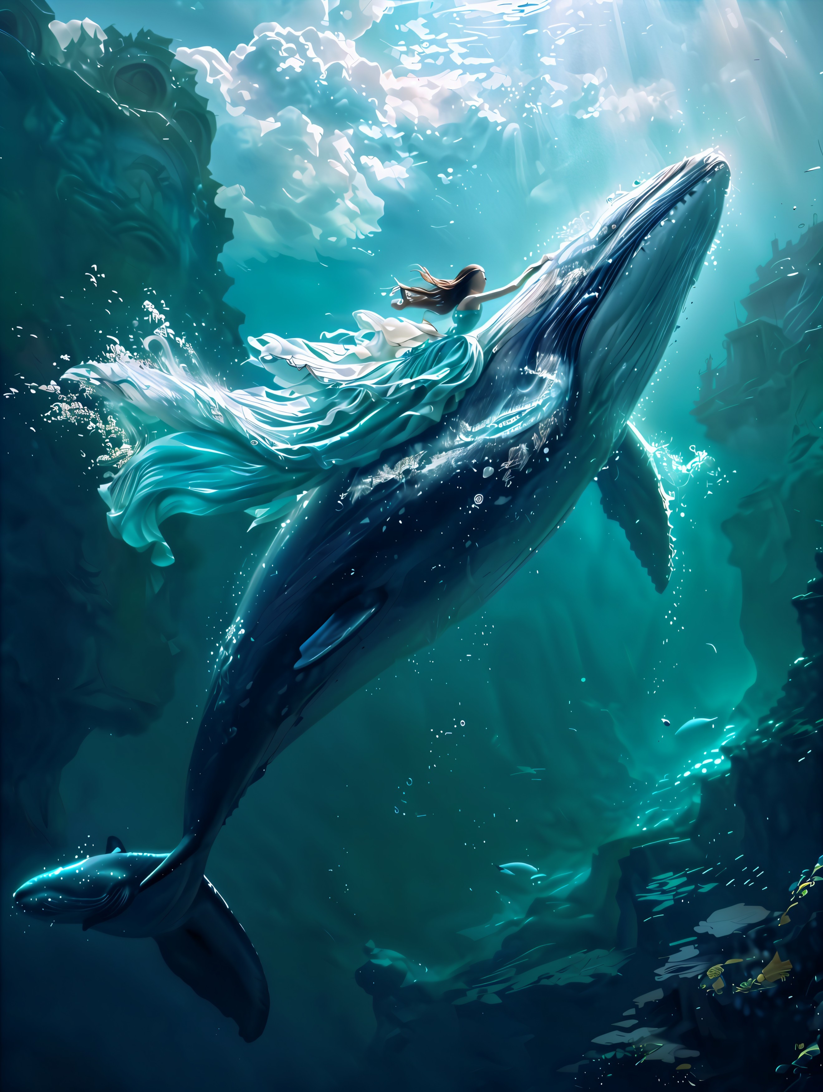 Underwater Scene with Human and Whale in Vibrant Ocean