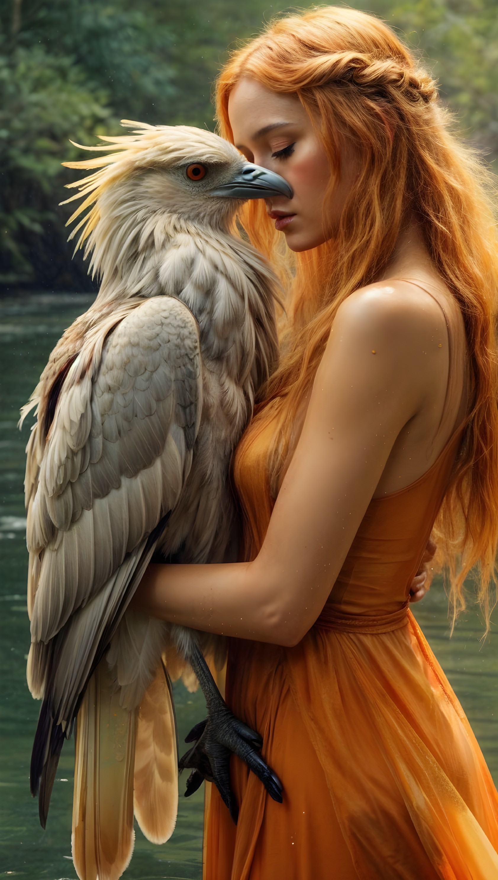 Young Woman with Red Hair and Majestic Bird by Water