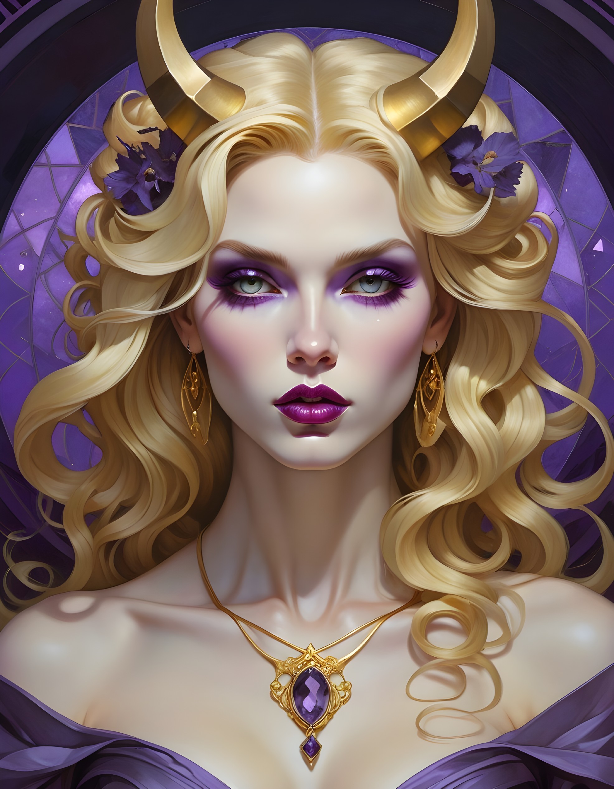 Elegant Figure with Blonde Hair and Purple Flowers