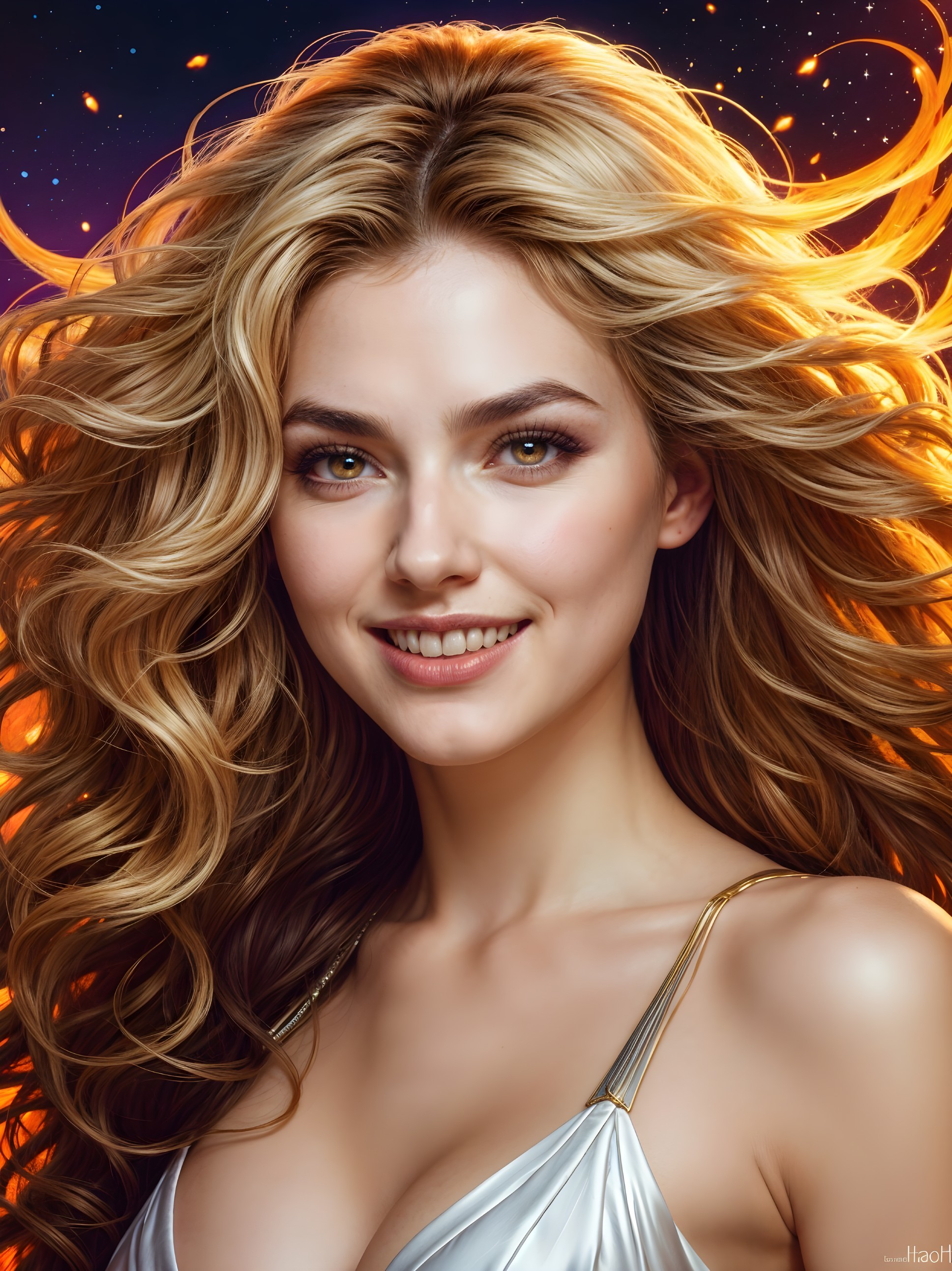 Radiant Woman in Cosmic Backdrop with Silver Outfit