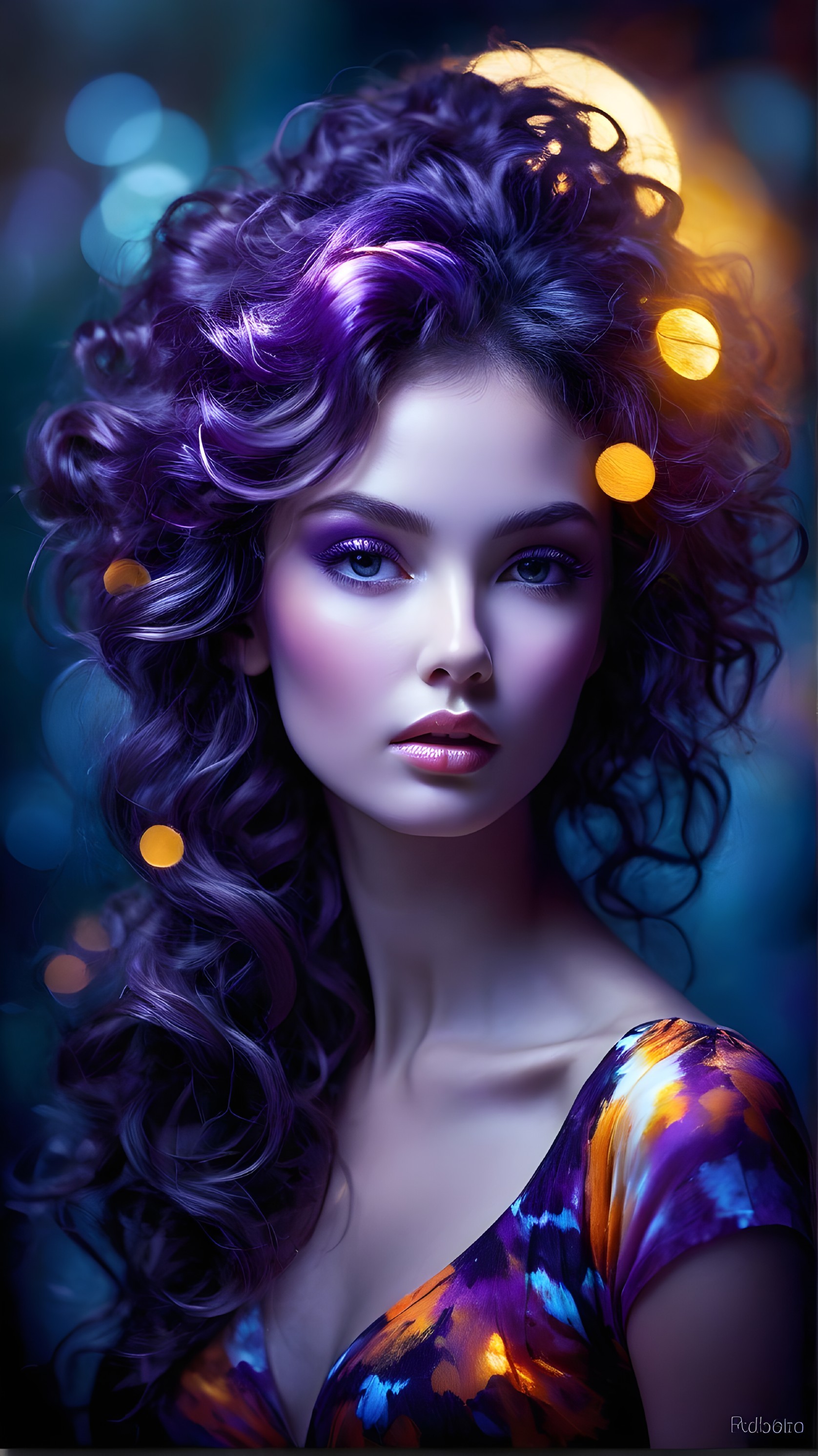 Young woman with curly hair and purple highlights