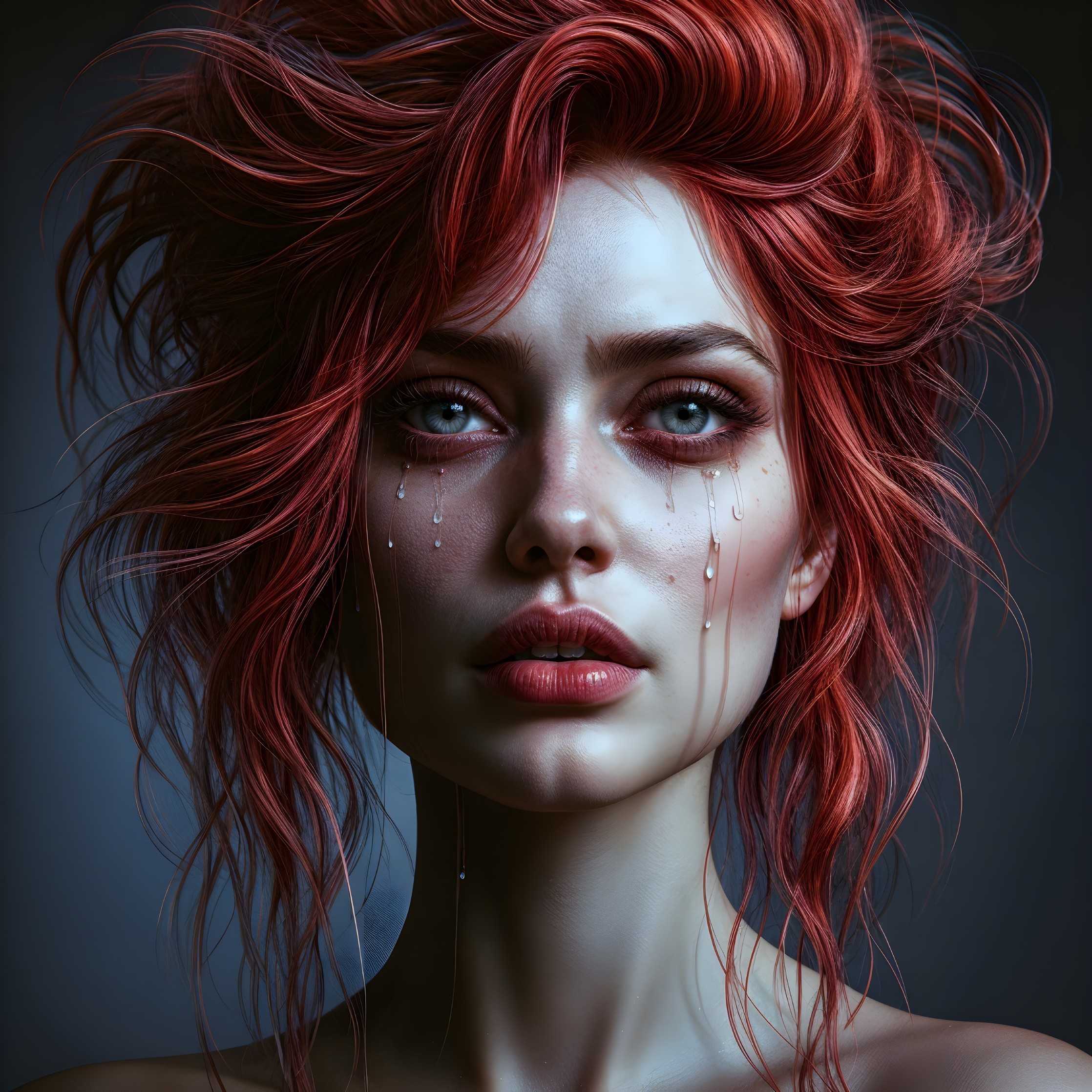 Portrait of a woman with red hair and blue eyes