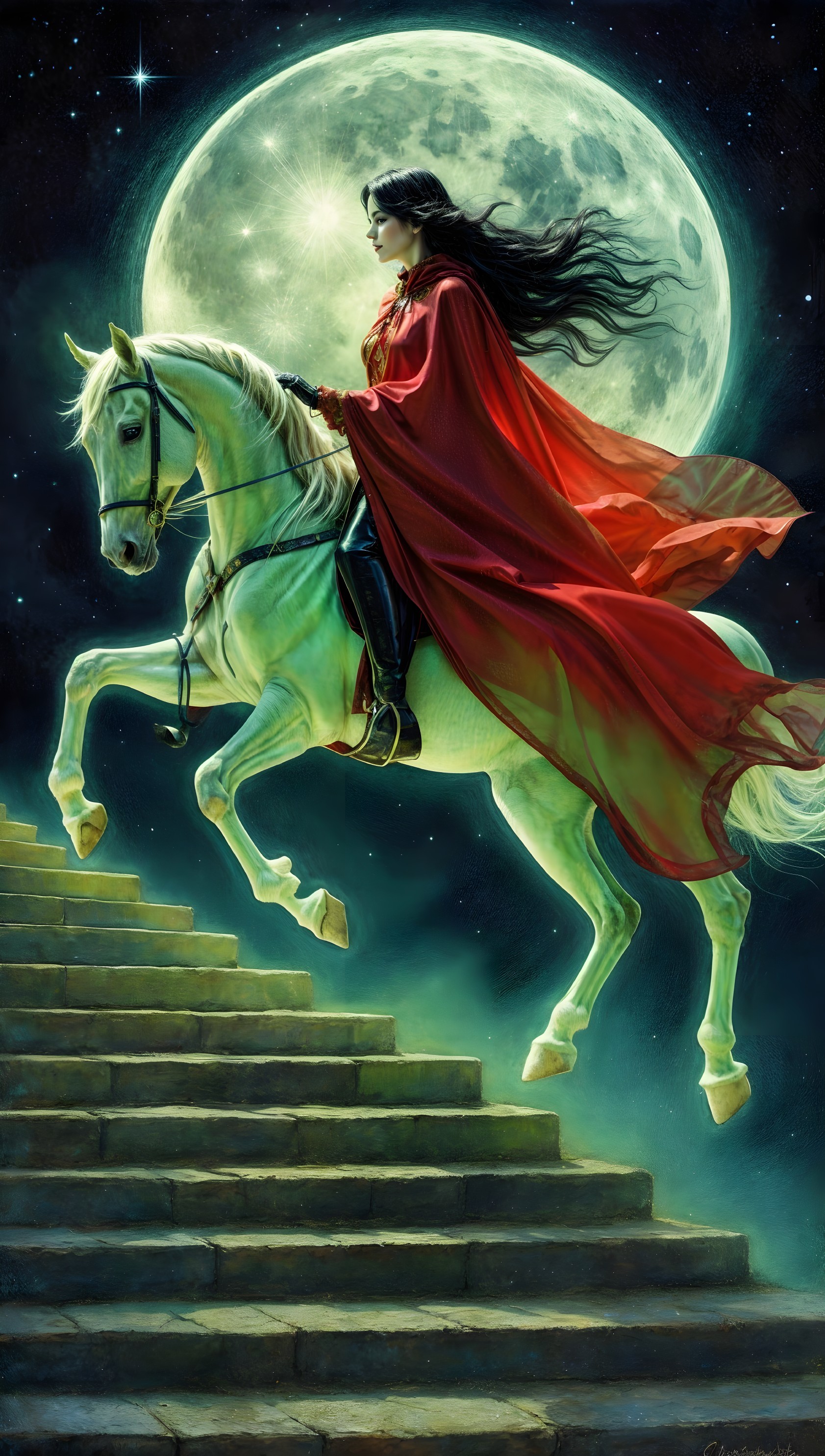 Mystical Night Scene with Woman on White Horse