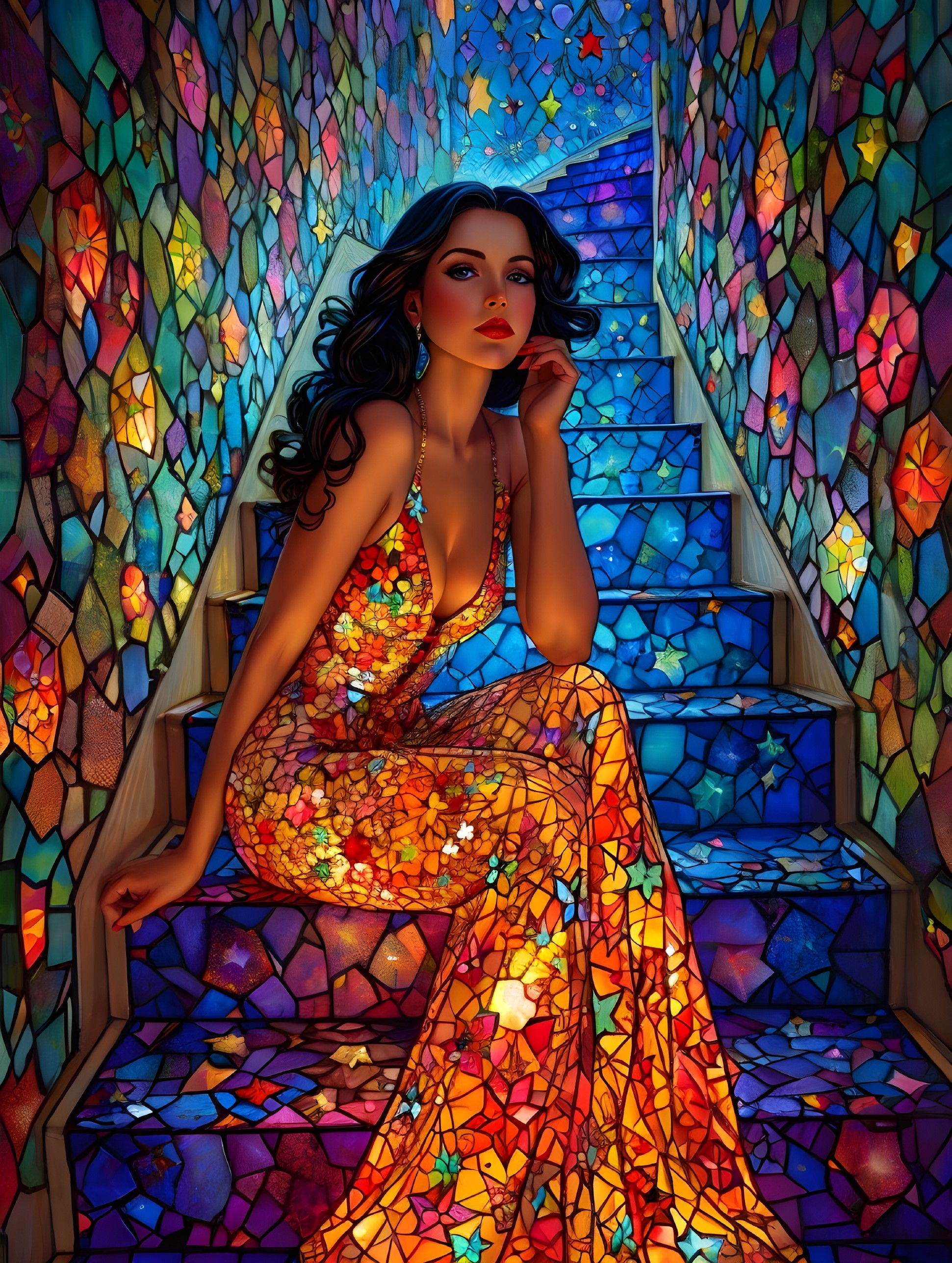 Glamorous Woman in Mosaic Dress on Stained Glass Staircase