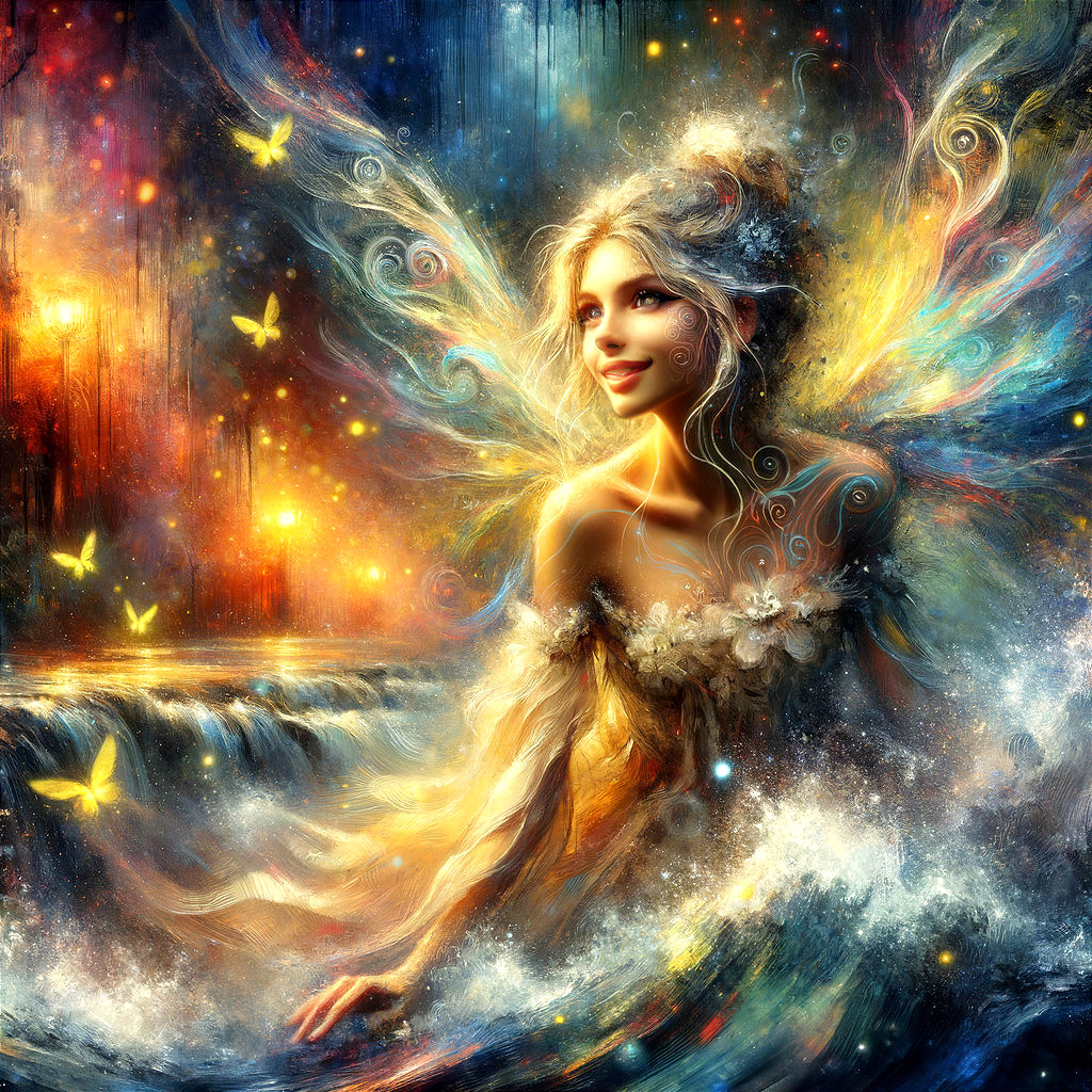Fairy in a Colorful, Dreamlike Landscape with Butterflies