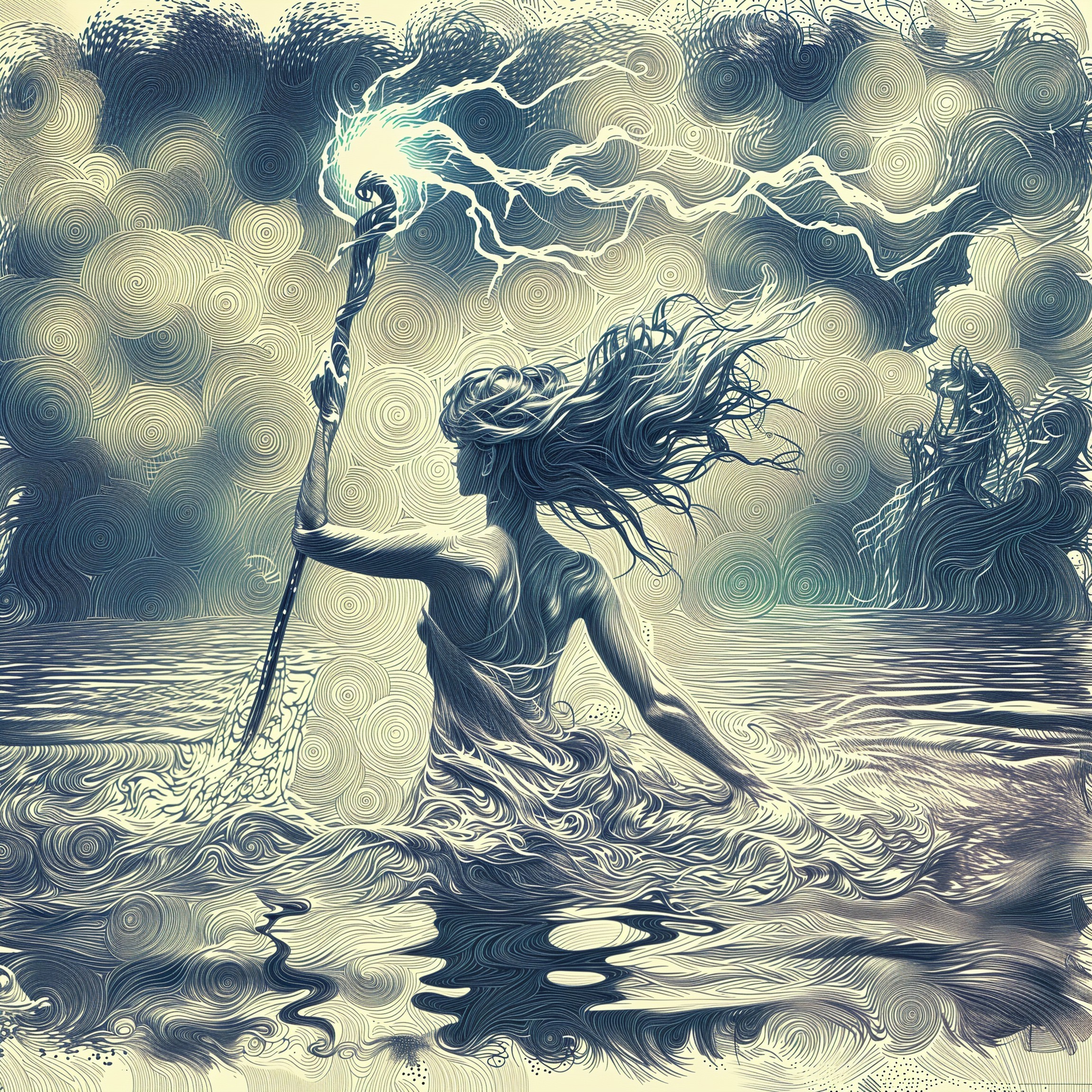 Mystical figure with glowing staff in stormy waters