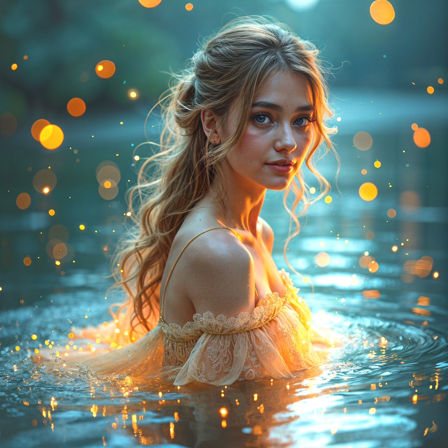 Young woman in golden dress by shimmering pool